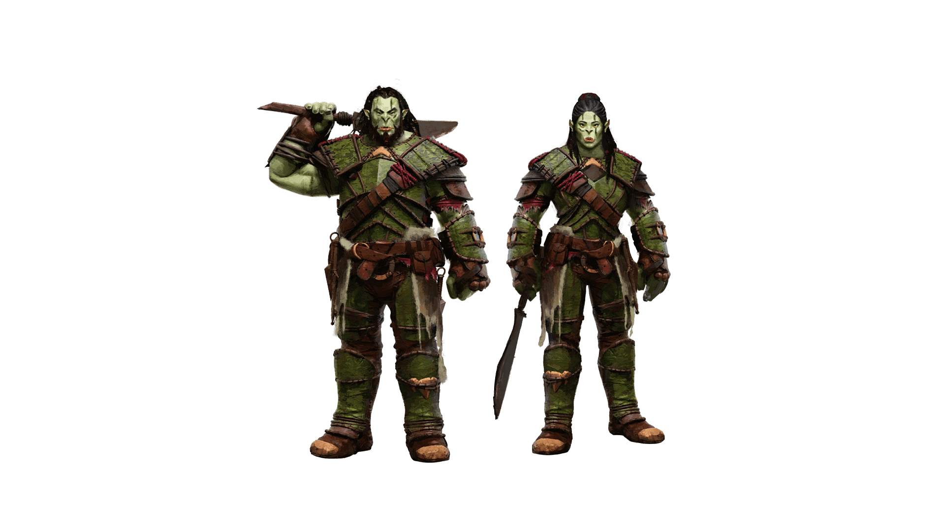 A male and female Ren'Kai stand with brown, green, and red leather armor on. The male Ren'kai has a sword slung over his shoulder, while the female hold here sword in her hand by her side.