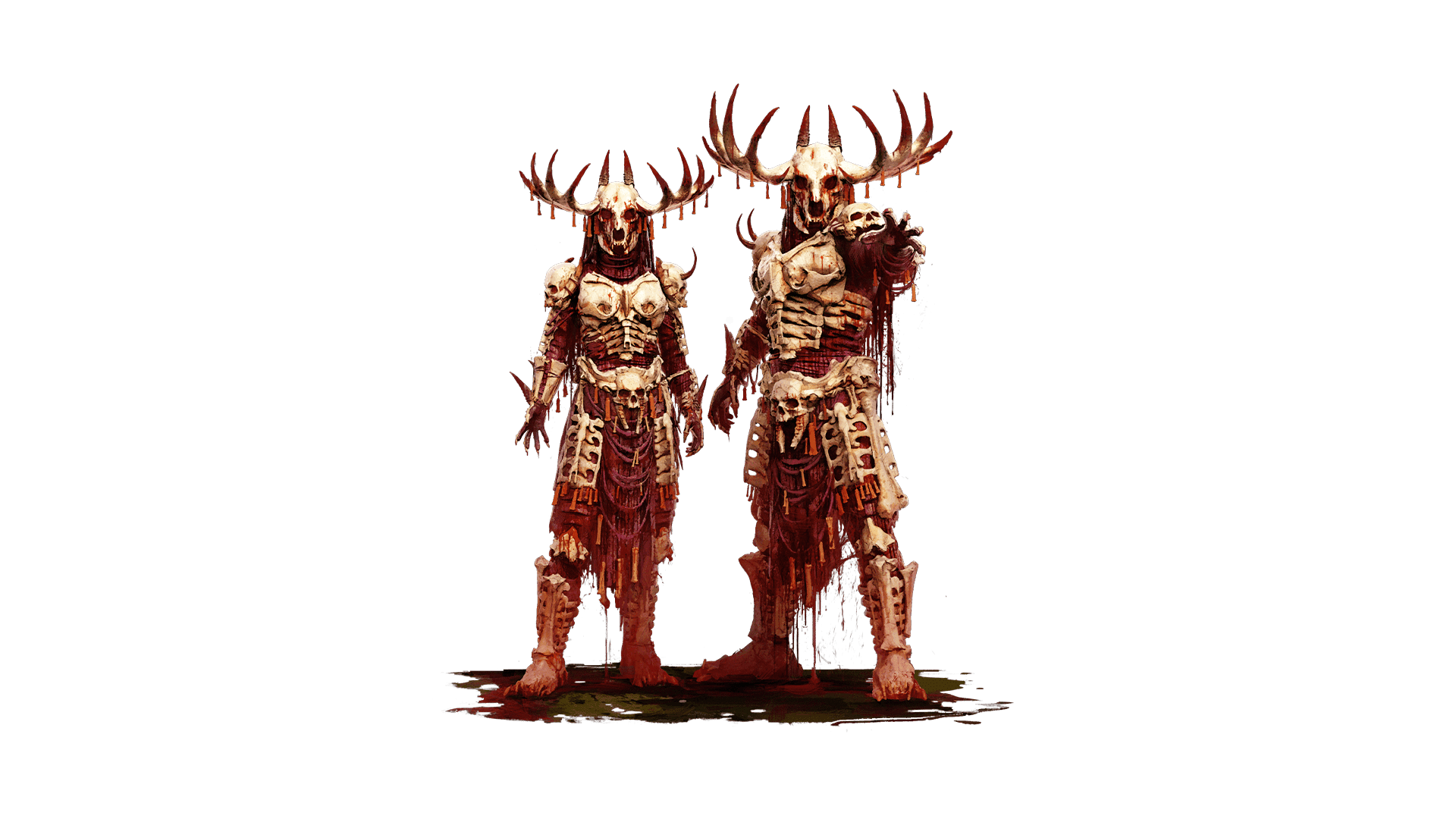 A male & female figure adorn in Remnant Sympathizer costume cosmetic skin. This costume is made up of skeletons with the top part resembling antlers. With the figure on the right's hand extending out front of them
