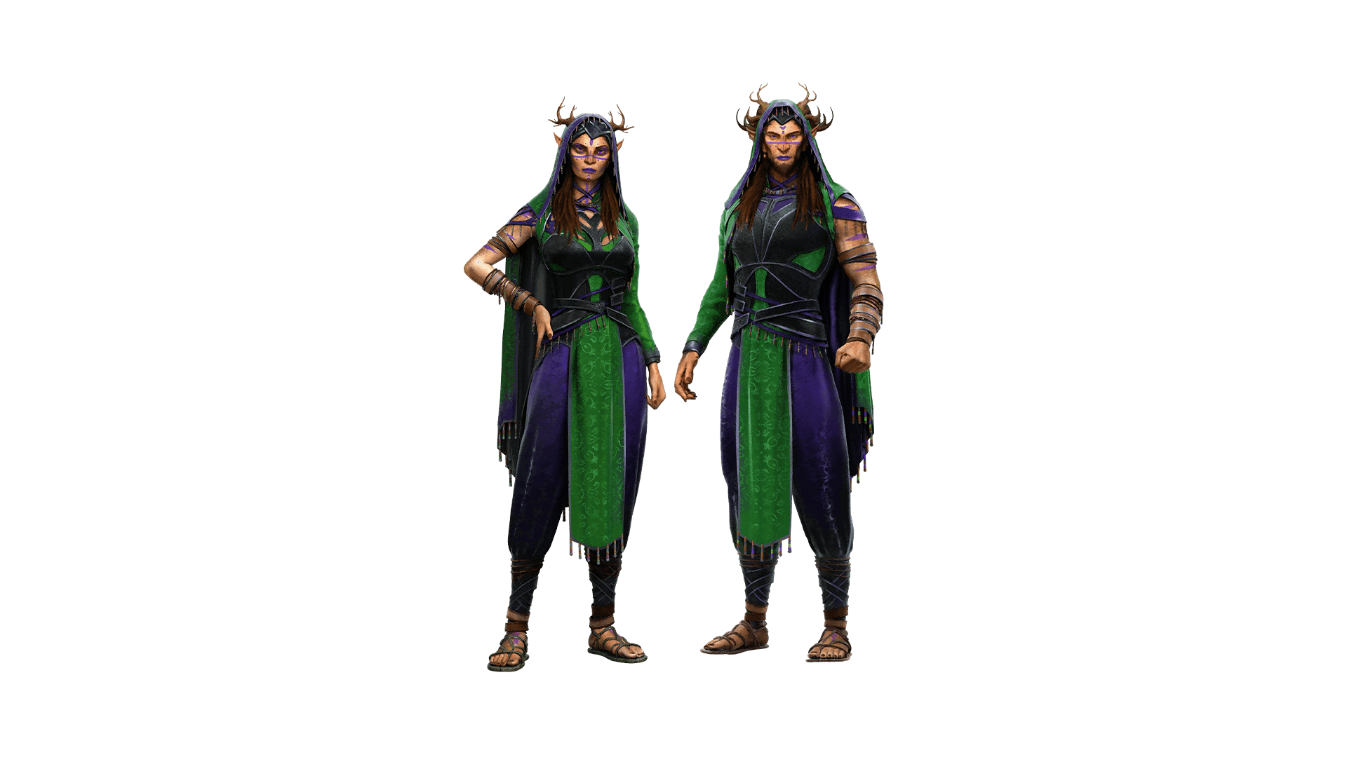 A male and female character dressed in green and purple clothes. There is a long green scarf that hangs down between their legs and a hood on their heads