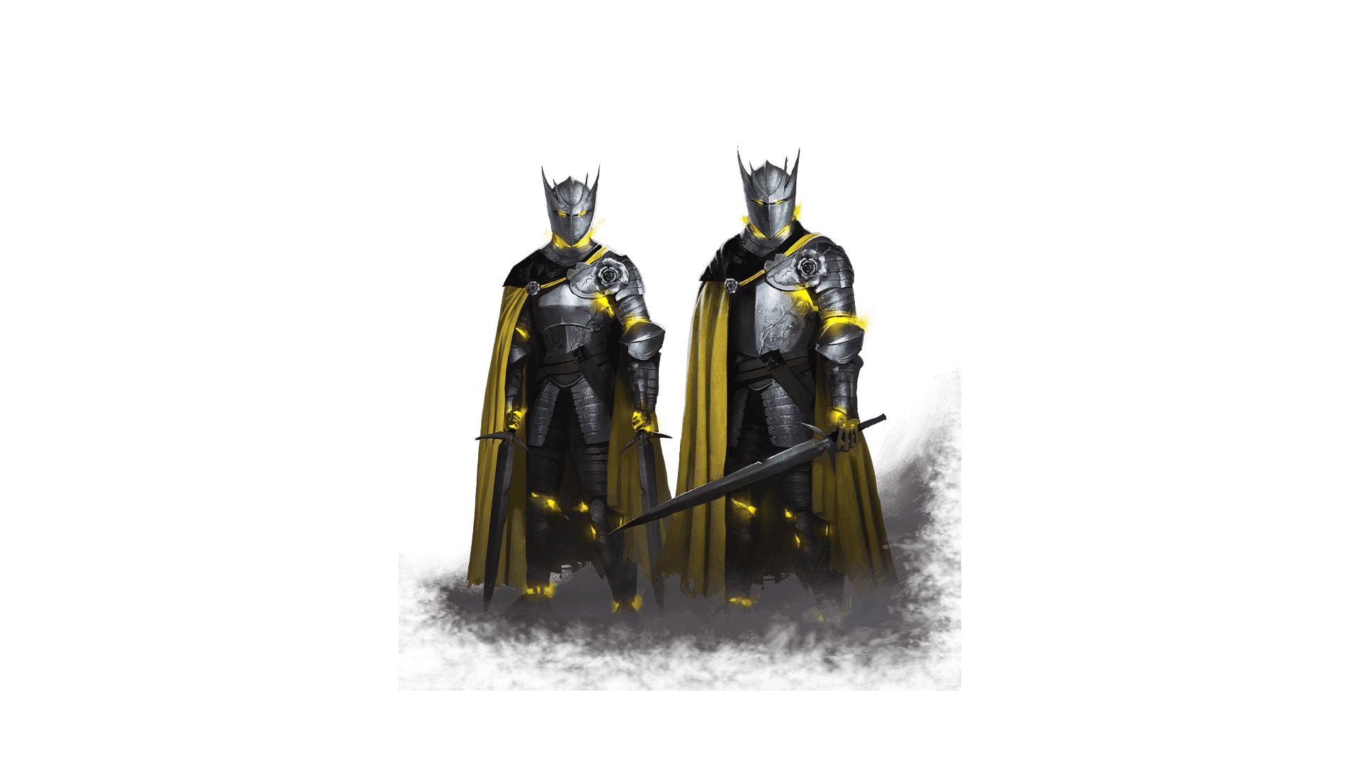 Two characters stand covered in head to toe metal armor. They both have swords in their hands and vibrant yellow cloaks hang down their backs.