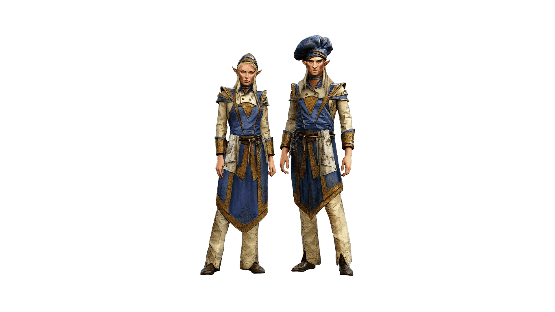 Male and female Empyrean Elves with blue and yellow chef clothes on. They have a waist belt on with a dirty kitchen towel hanging out the side and each with a chef's hat on their heads.