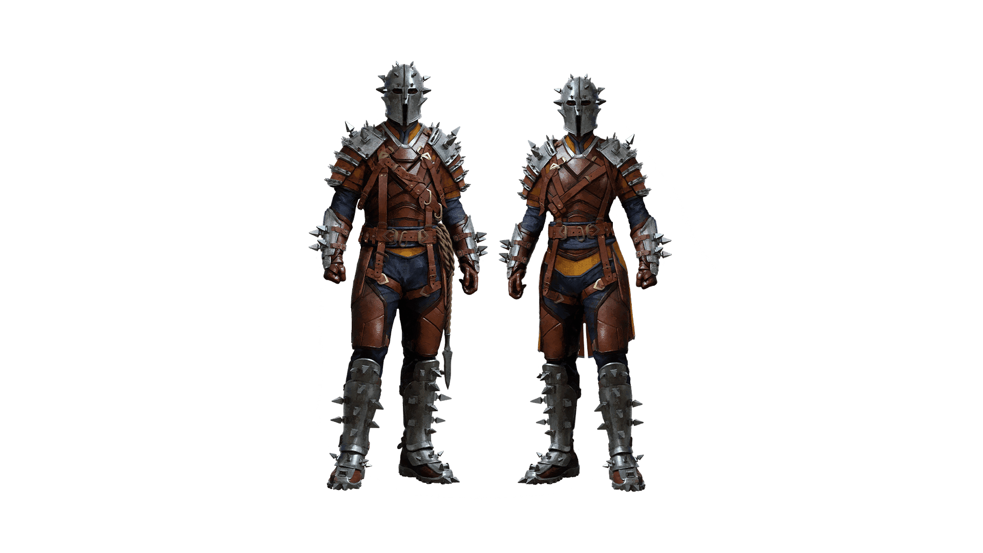 Two figures stand facing forward with brown leather armor and spiked meat plates covering the tops of their feet, wrists, shoulders, and heads