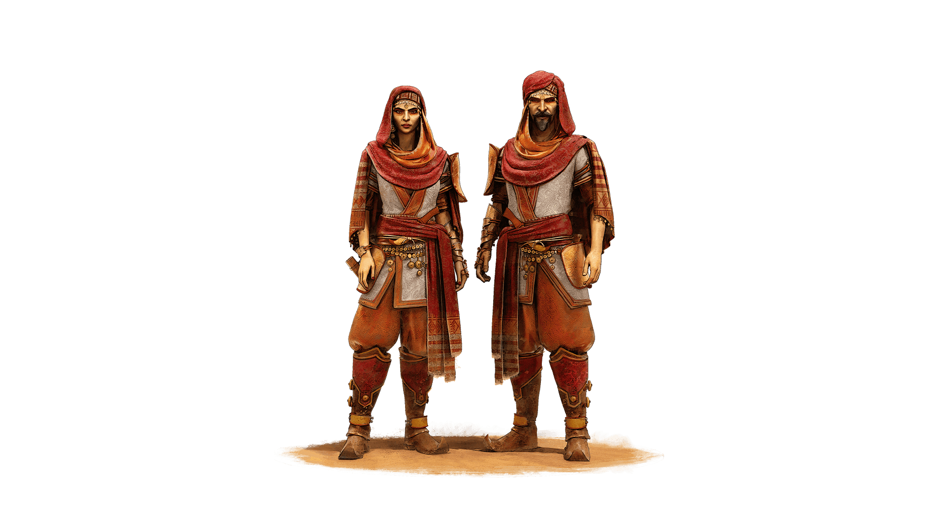 A standalone image highlighting the Charmed Threads costume cosmetic skin. This image shows a Valeune male and female. The costume is comprised of red hue cloth with a red headscarf and scarf tied around their waists