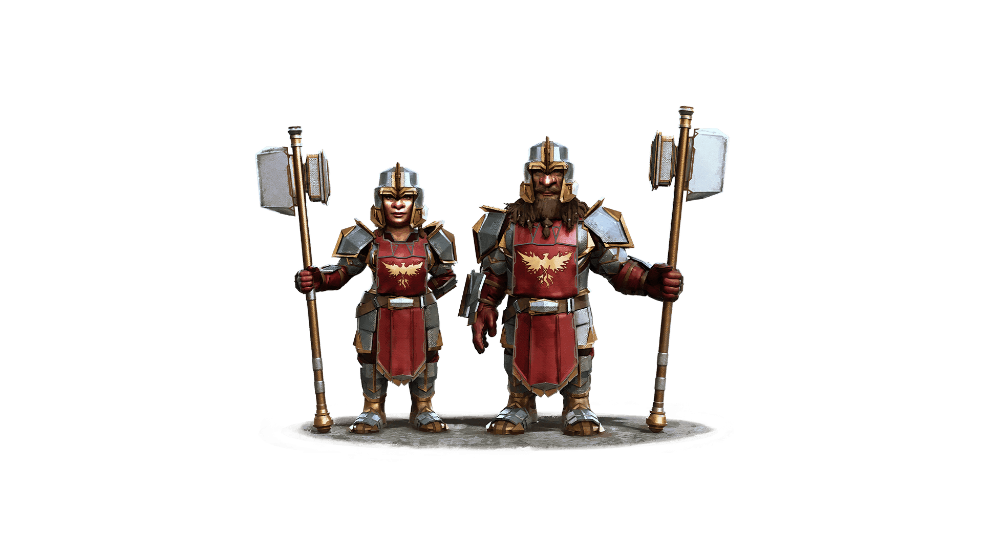 A male and female dwarf dawned in the Tomwarden's Regalia cosmetic skin. This skin is made of bronze and silver metal. Each character whas a metal helmet atop their heads and giant hammers in their hands