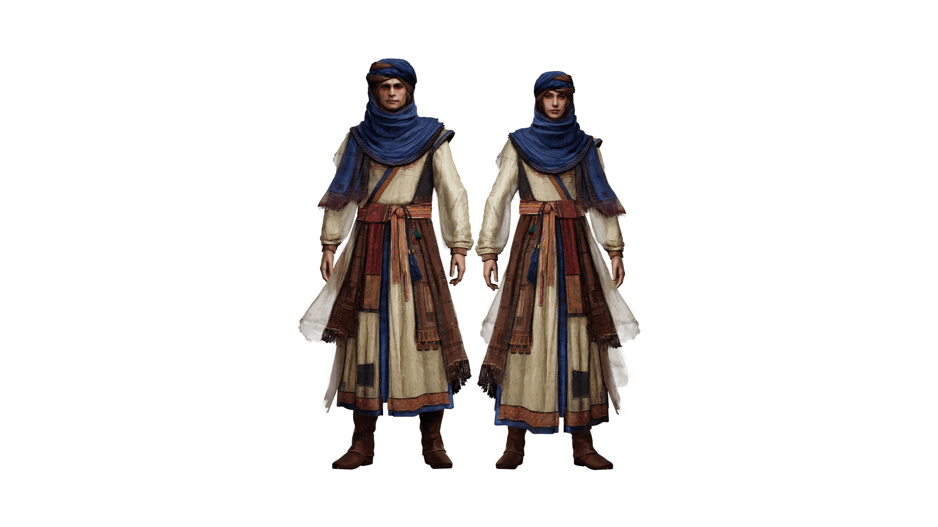 A male and female stand facing toward the front of the image with head to toe robes of brown, blue, orange, and red. These clothes are not flashy save for the brilliant blue head scarf wrapped around their heads.