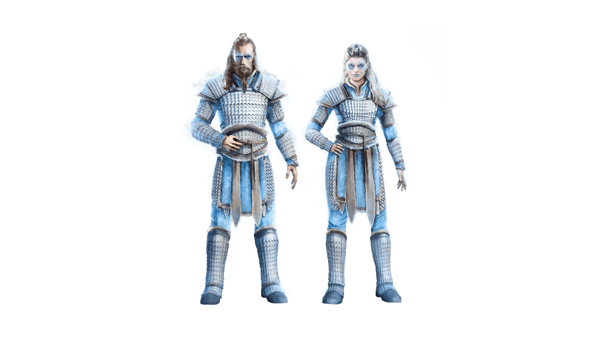 A male and female stand side by side. They are decorated in blue war pant and wear armor of silver scales and ice blue fur. The male has a braided beard with a top knot on his head while the female's hair is braided back at the top.