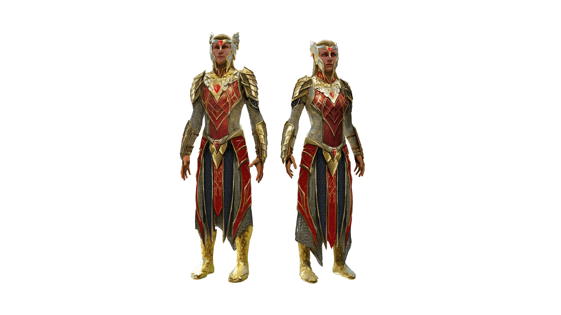 A male and female stand side by side dressed in golden armor. The armor is accompanied by red cloth and chains. They both wear a headpiece that frames their face with a center part going down along the bridge of their noses.
