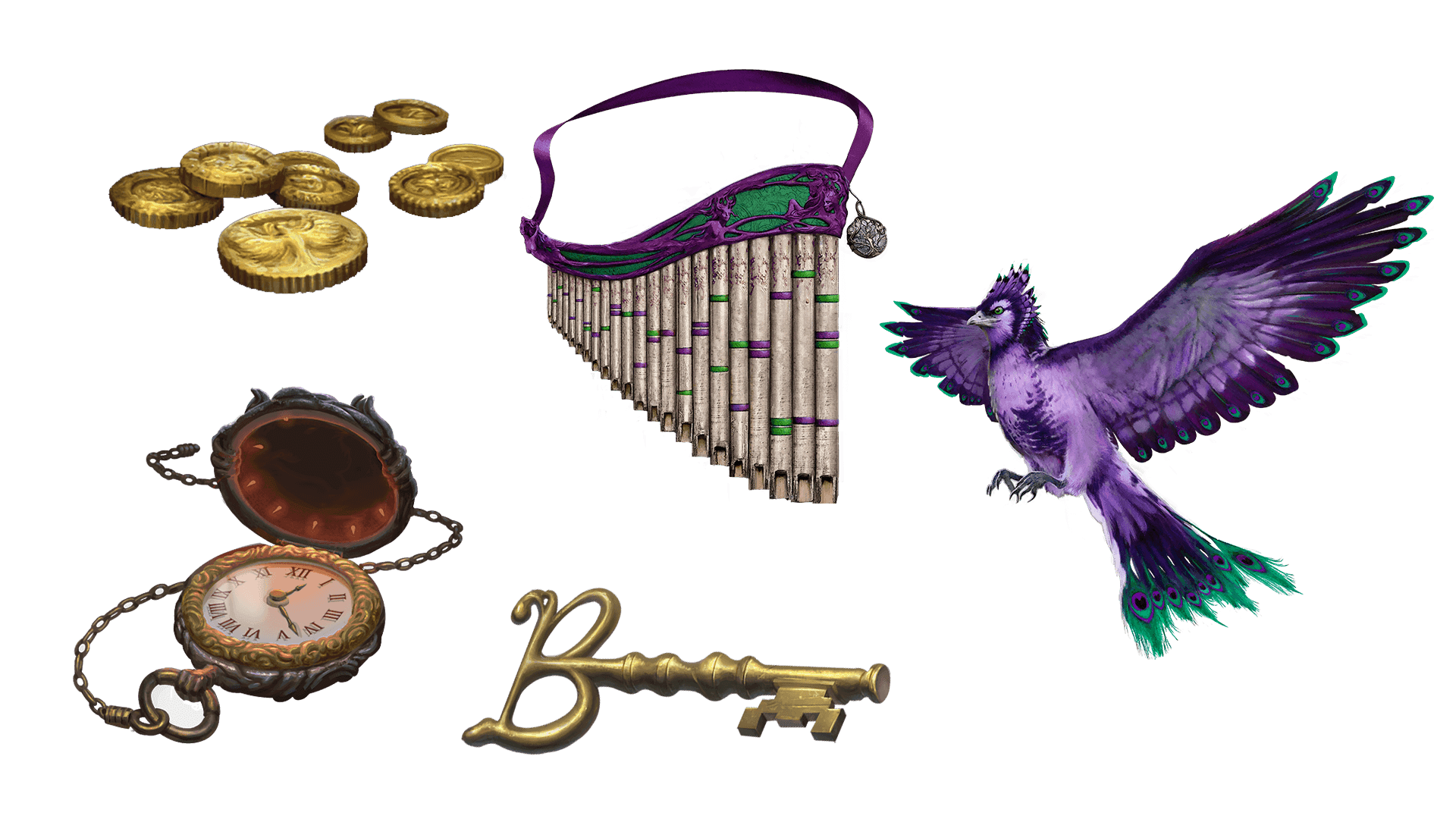 5 images of items included in the expeditionary pre-order package. A pocket watch for game time, a coin for embers, a key for game access, the accessory, and pet  