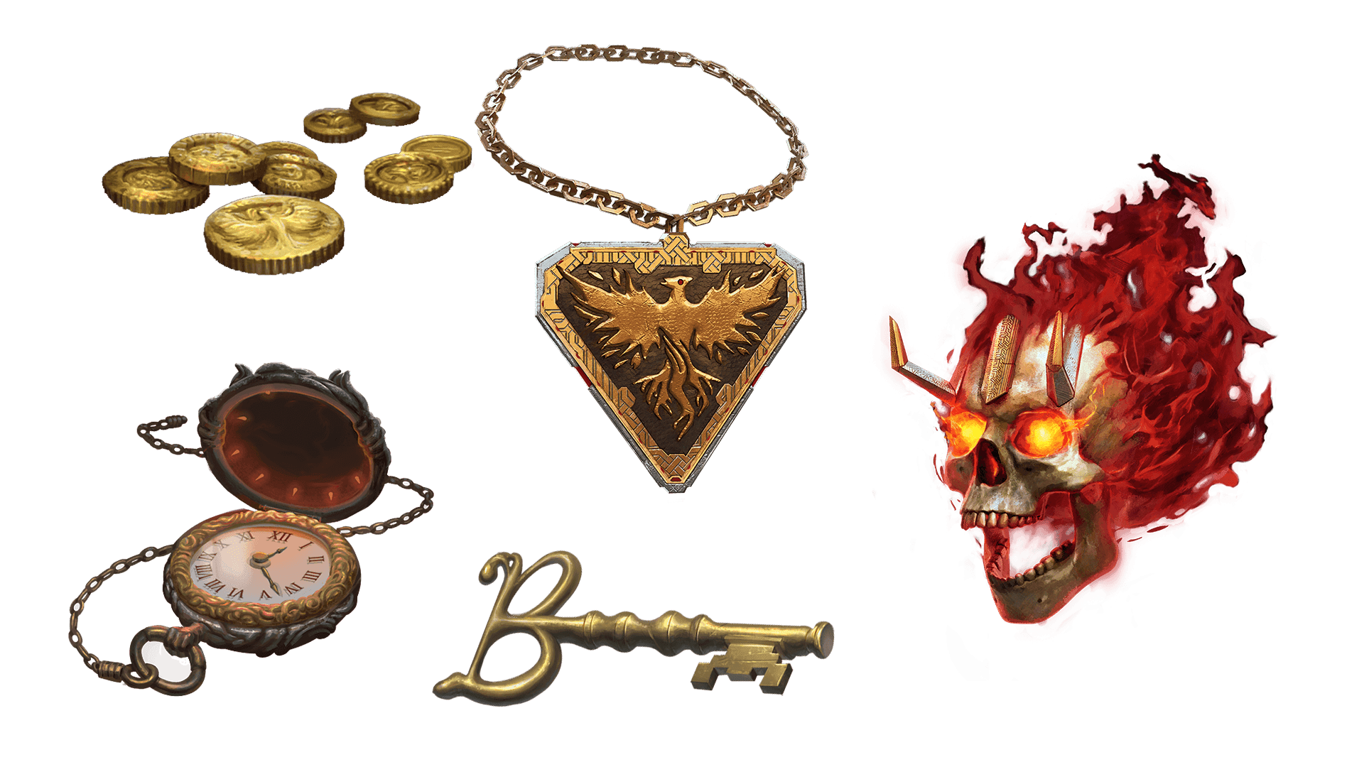 5 images of items included in the expeditionary pre-order package. A pocket watch for game time, a coin for embers, a key for game access, the accessory, and pet  