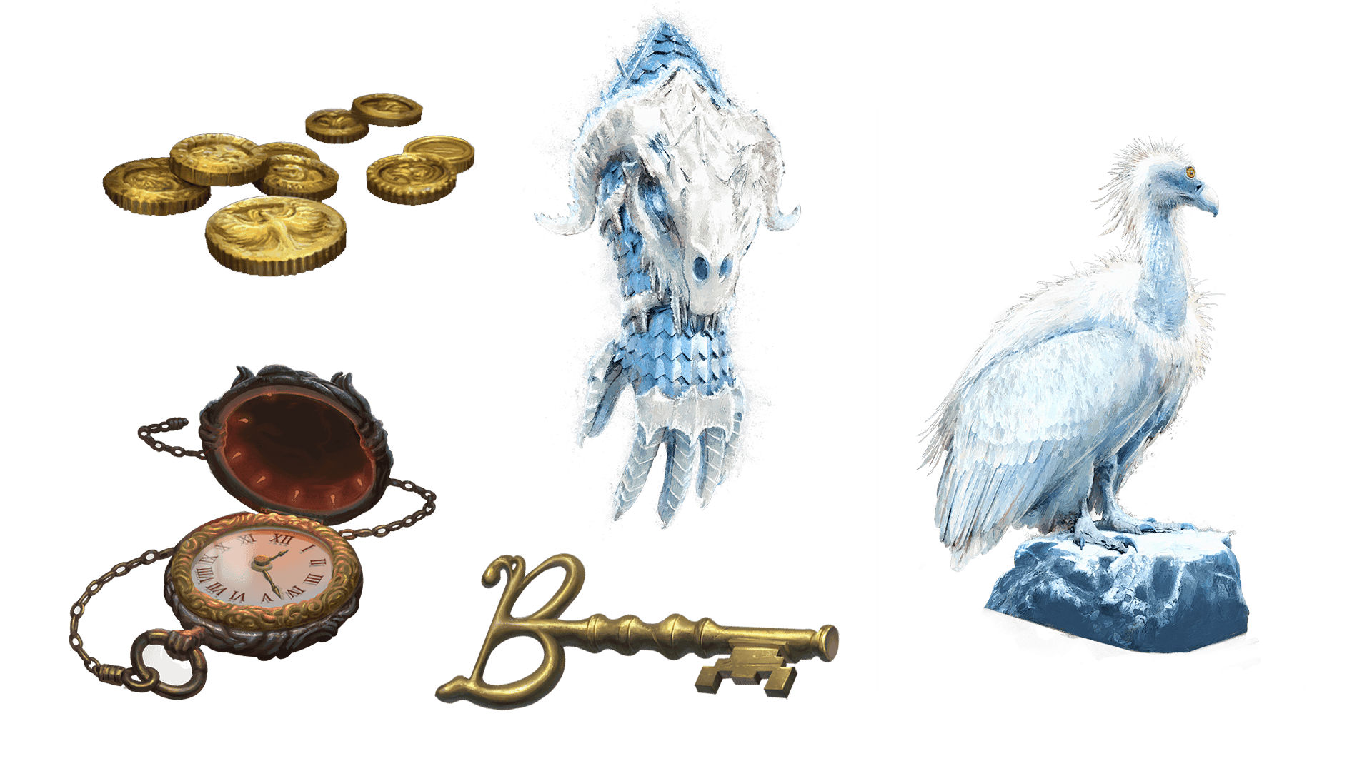 5 images of items included in the expeditionary pre-order package. A pocket watch for game time, a coin for embers, a key for game access, the accessory, and pet  