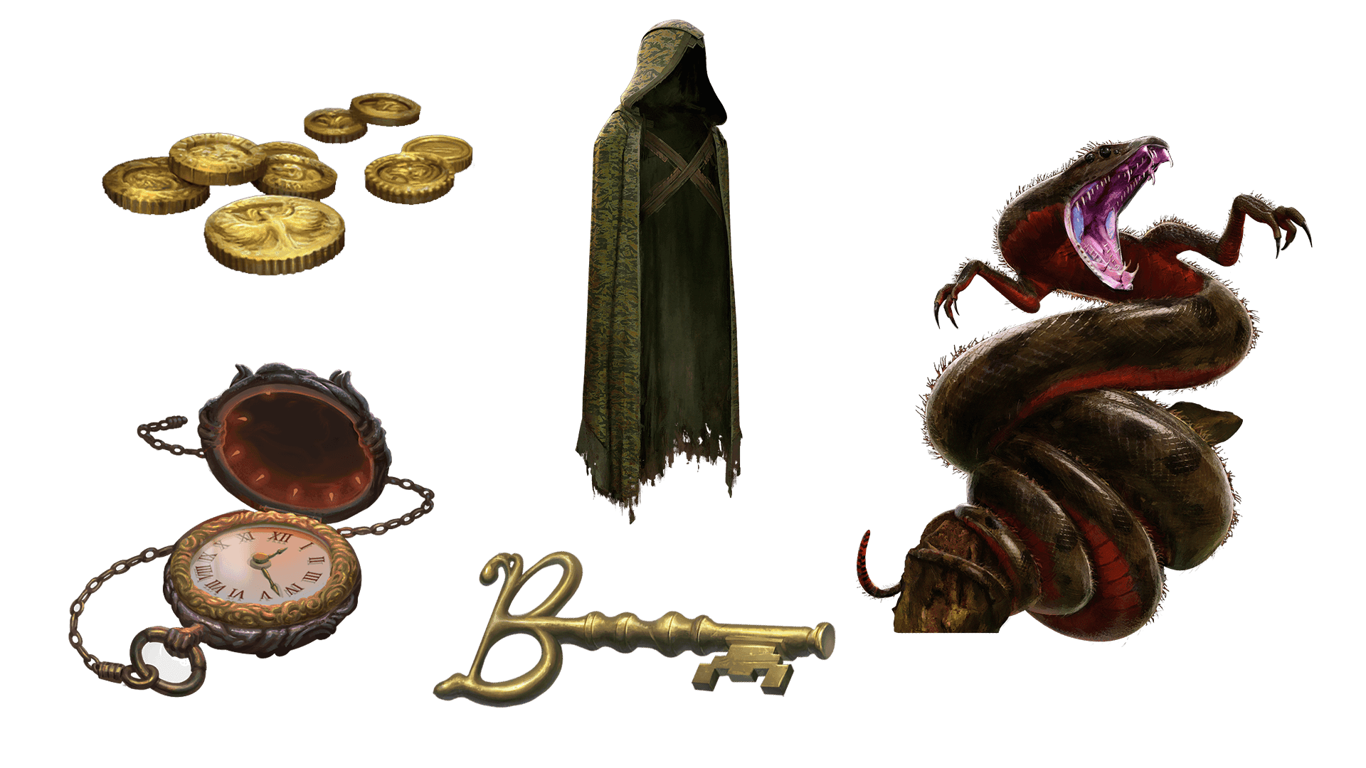5 images of items included in the expeditionary pre-order package. A pocket watch for game time, a coin for embers, a key for game access, the accessory, and pet  
