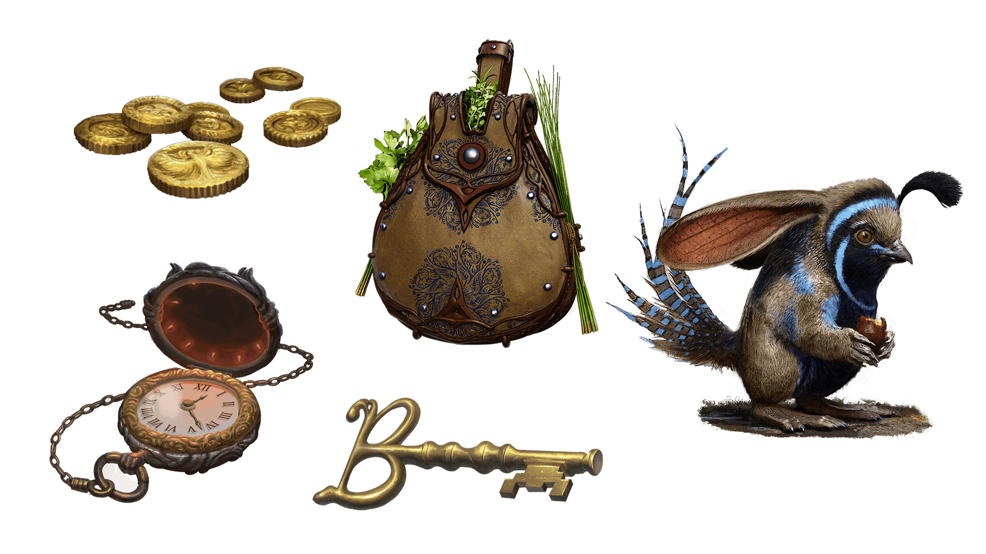 5 images of items included in the expeditionary pre-order package. A pocket watch for game time, a coin for embers, a key for game access, the accessory, and pet  