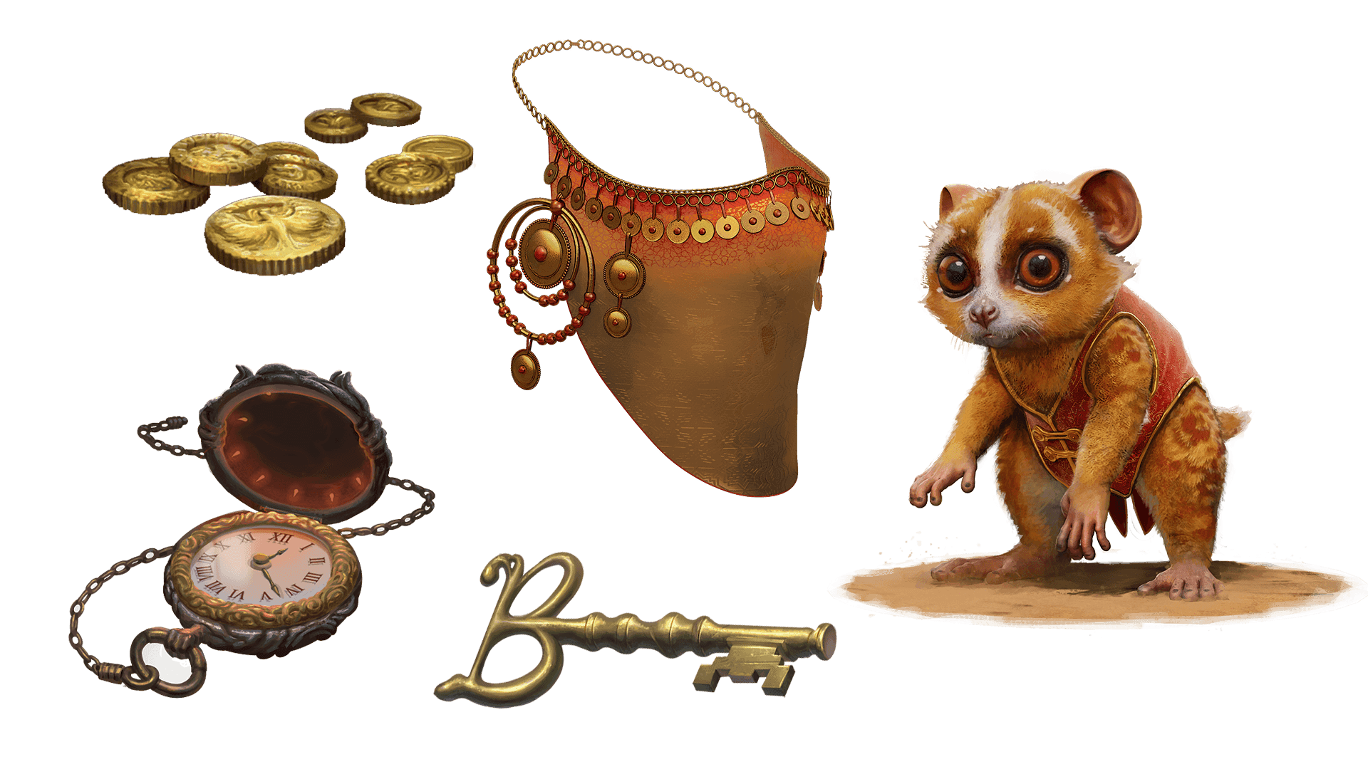 5 images of items included in the expeditionary pre-order package. A pocket watch for game time, a coin for embers, a key for game access, the accessory, and pet  