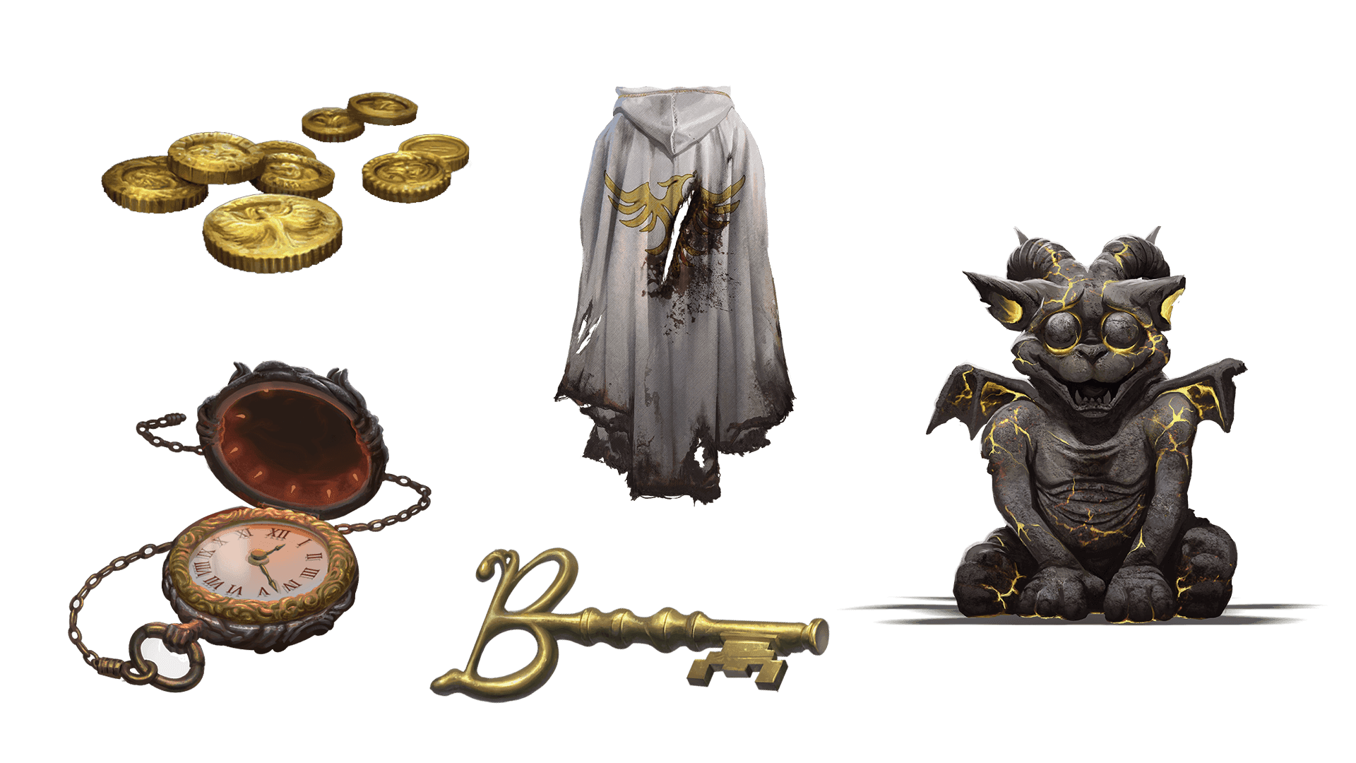 5 images of items included in the expeditionary pre-order package. A pocket watch for game time, a coin for embers, a key for game access, the accessory, and pet  