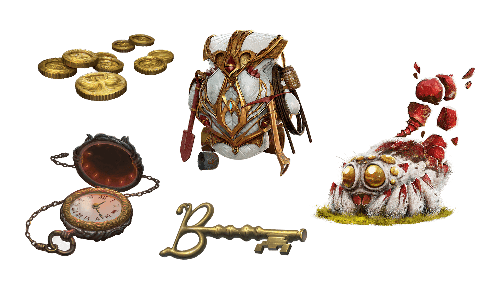 5 images of items included in the expeditionary pre-order package. A pocket watch for game time, a coin for embers, a key for game access, the accessory, and pet  