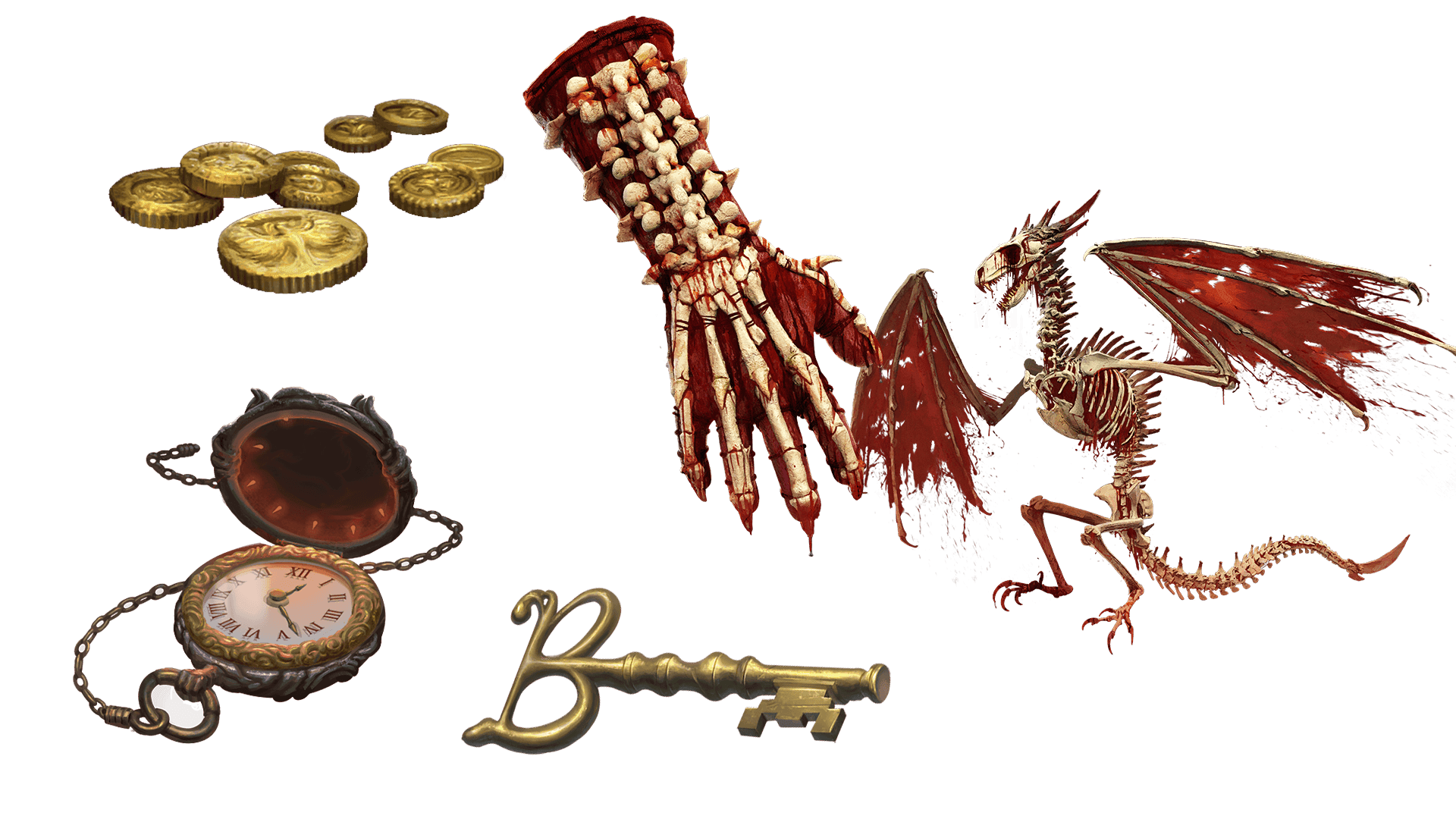 5 images of items included in the expeditionary pre-order package. A pocket watch for game time, a coin for embers, a key for game access, the accessory, and pet  