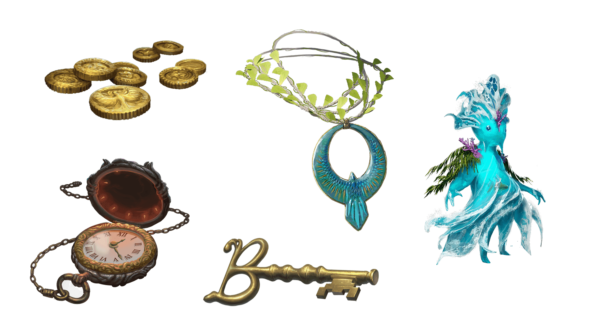 5 images of items included in the expeditionary pre-order package. A pocket watch for game time, a coin for embers, a key for game access, the accessory, and pet  