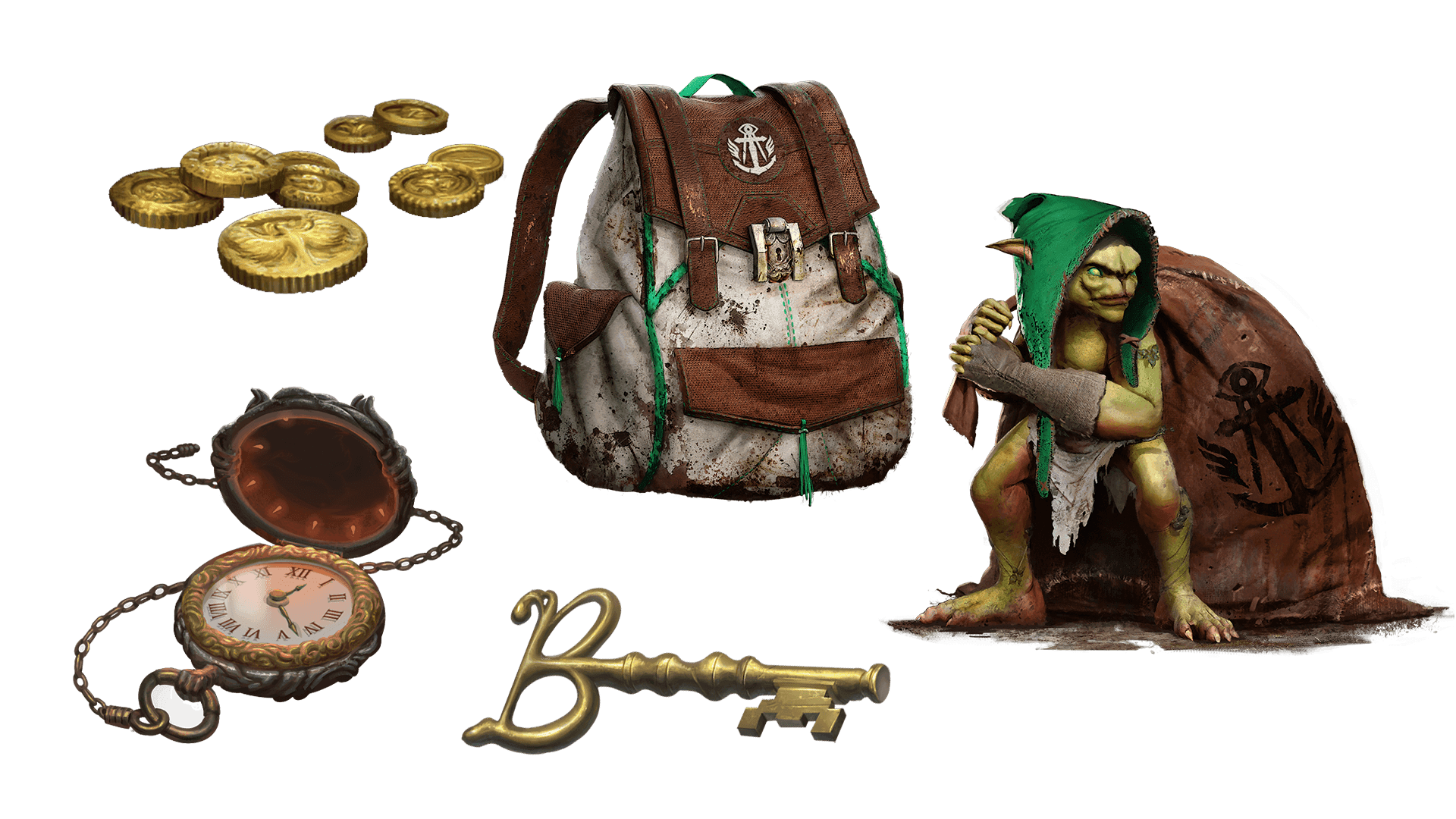 5 images of items included in the expeditionary pre-order package. A pocket watch for game time, a coin for embers, a key for game access, the accessory, and pet  