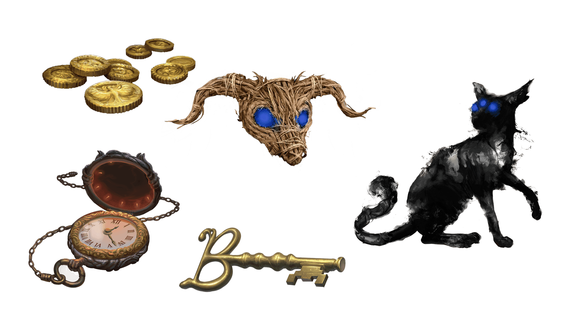 6 images of items included in the voyager pre-order package. A pocket watch for game time, a coin for embers, a key for game access, the accessory, the pet, and mount