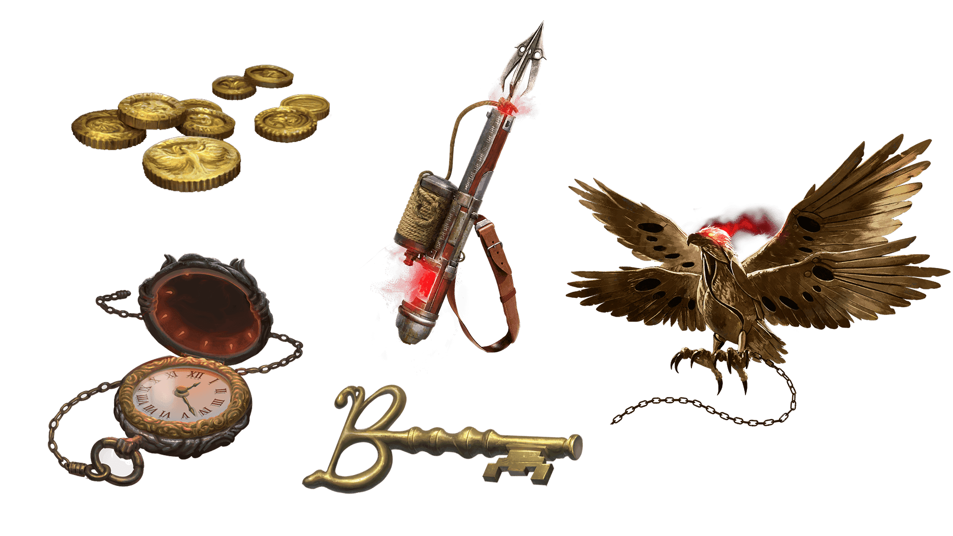 5 images of items included in the expeditionary pre-order package. A pocket watch for game time, a coin for embers, a key for game access, the accessory, and pet  