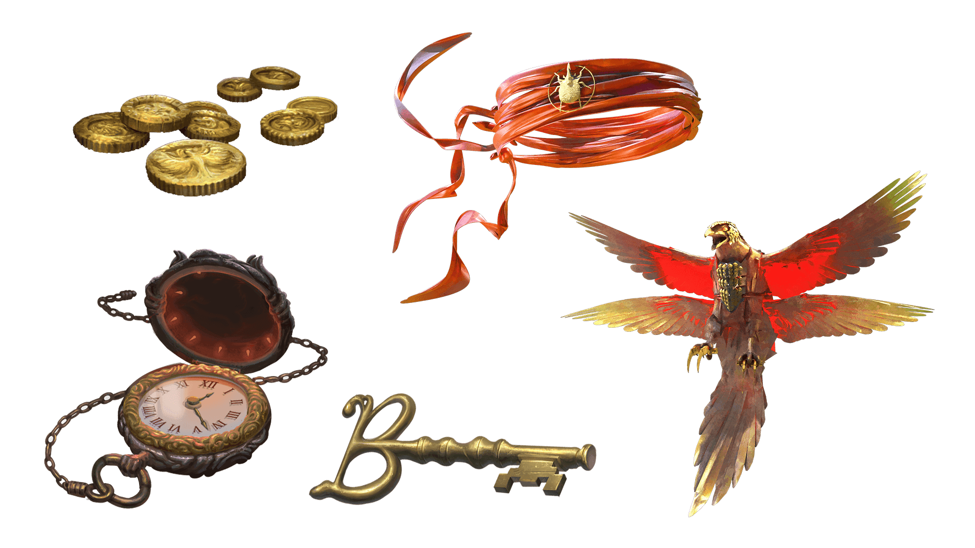 5 images of items included in the expeditionary pre-order package. A pocket watch for game time, a coin for embers, a key for game access, the accessory, and pet  