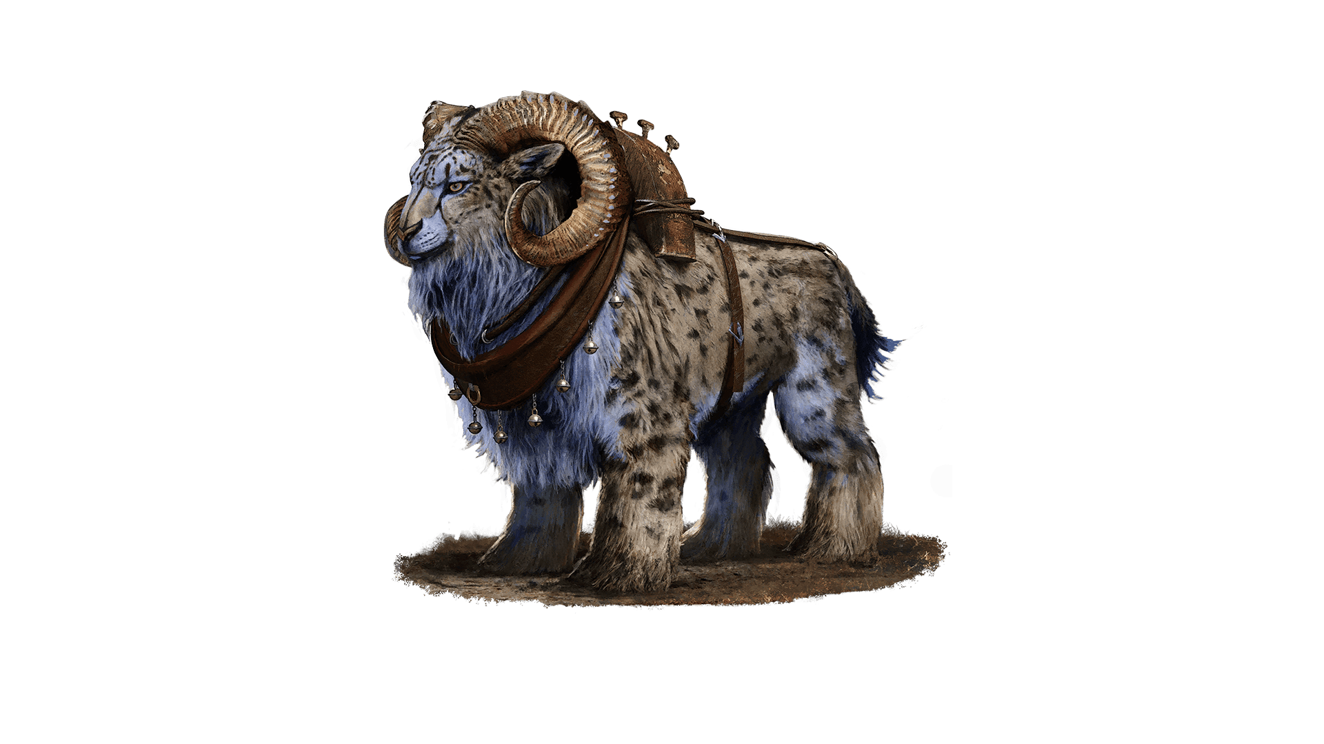 A brown and blue fuzzy creature with a feline like bottom half covered in leopard spots. The top half of this creature is ram like with giant curling horns. There is a leather and wood yoke attached to it.