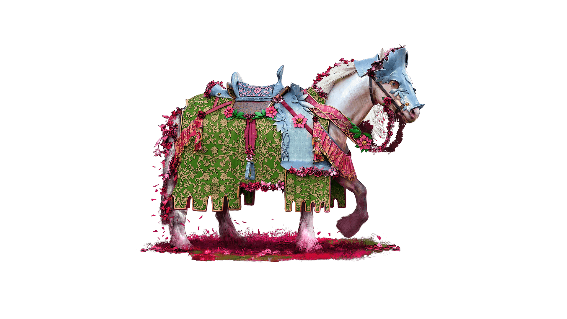  A Bloomdfest Lancer horse elegantly dressed in a striking combination of green and pink fabric, highlighting its distinctive appearance.
