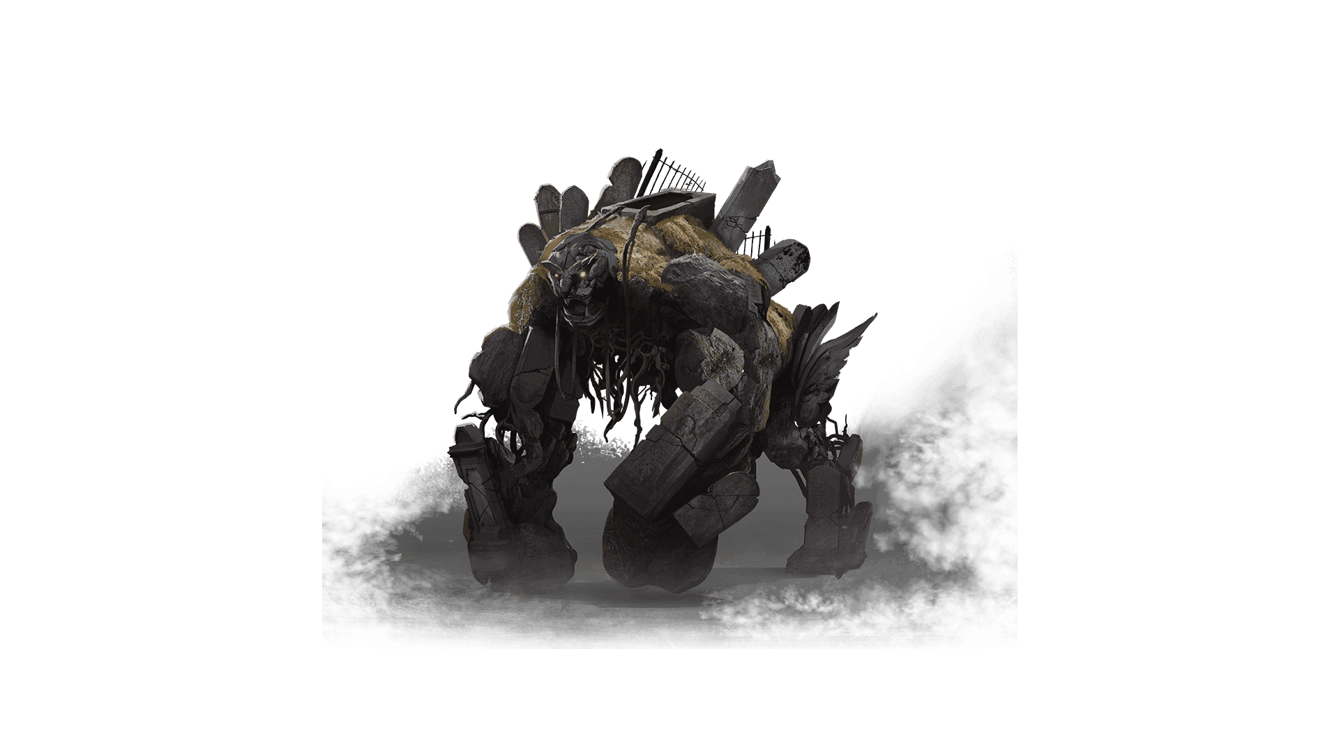 A giant golem made of gravestones walks on all fours like a gorilla.