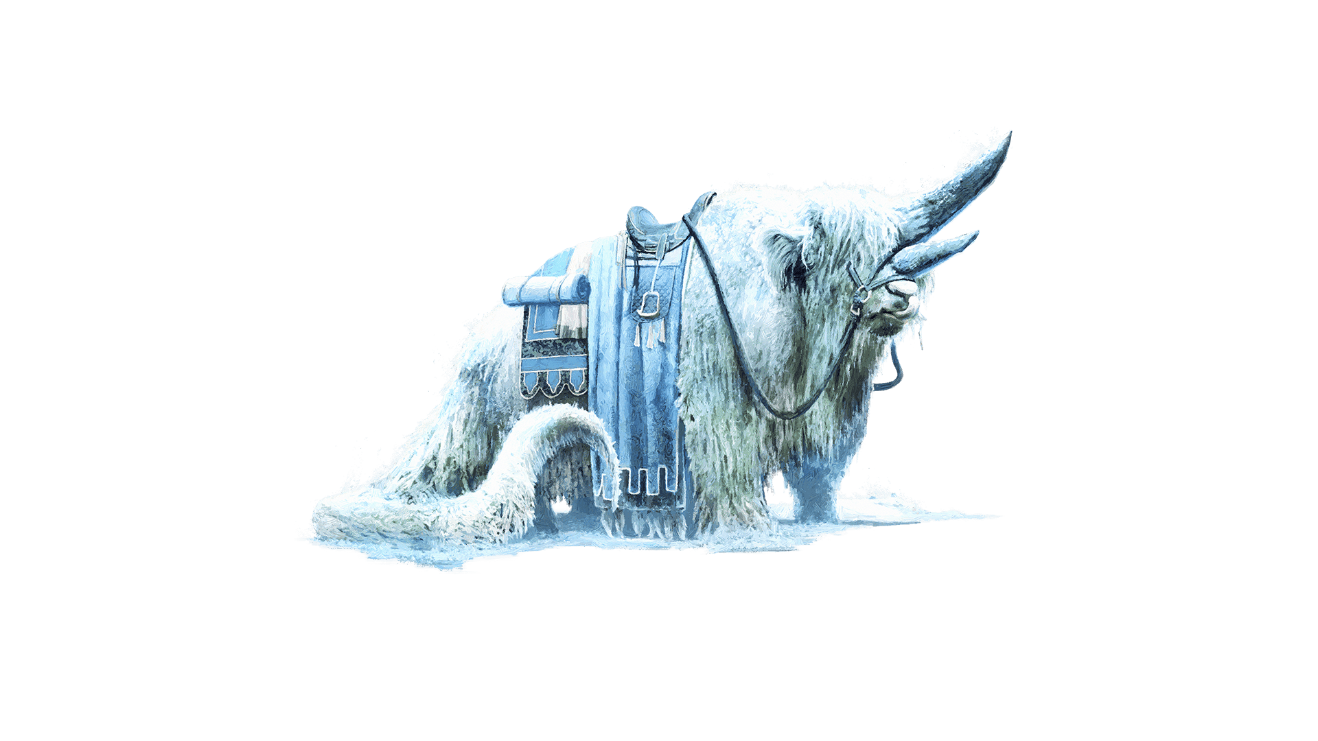 A yak like creature with rhino horns and a long rat tail is made of white fur and covered in frost. The yak has a tongue sticking into one nostril. A saddle sits on top of the creature with blue cloths draping down to the frozen ground.