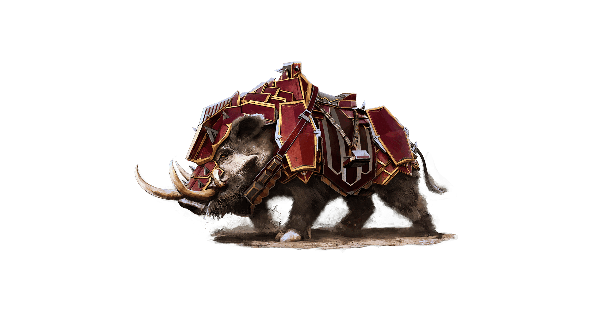 A standalone image of a Rugged Anvilian Warhog. This mount cosmetic skin is a brown warthog with tusks jutting out of its snout, drool in its mouth and covered in yellow and red panels of armor.
