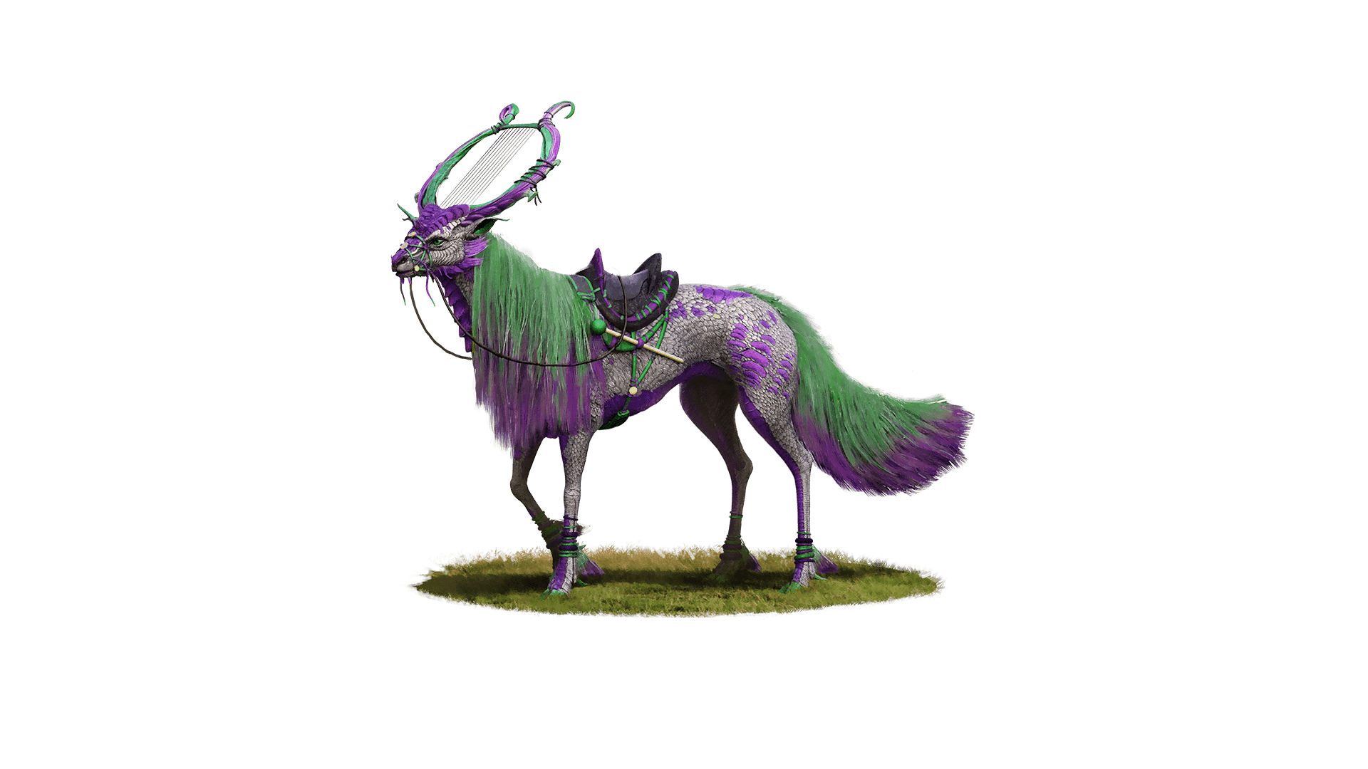 a deer like creature with purple and green hair. This creature has two large horns which make up a harp on its head