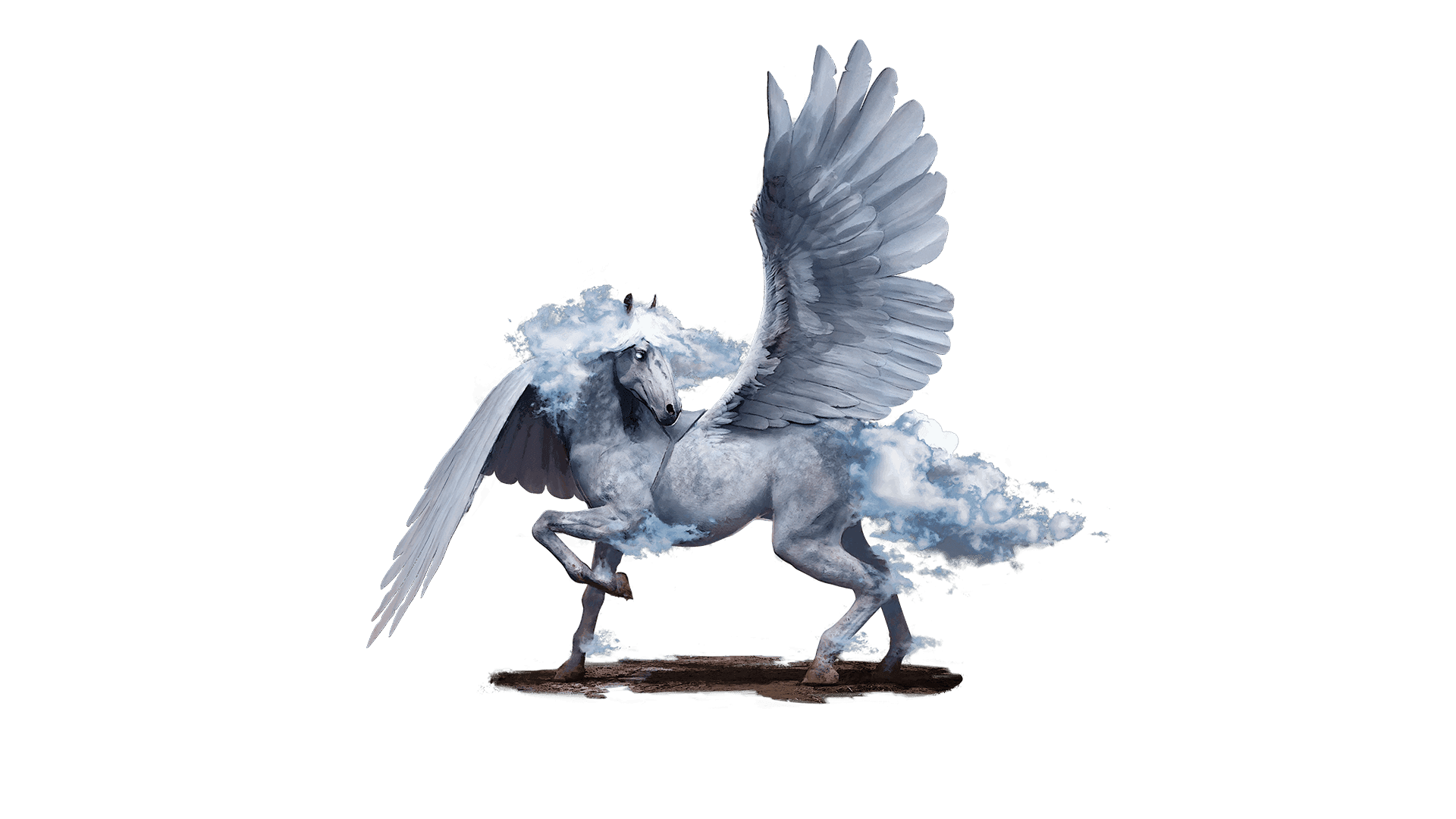 A Pegasus who's mane and tail are made up of clouds strikes a pose as it looks over its wings over its back
