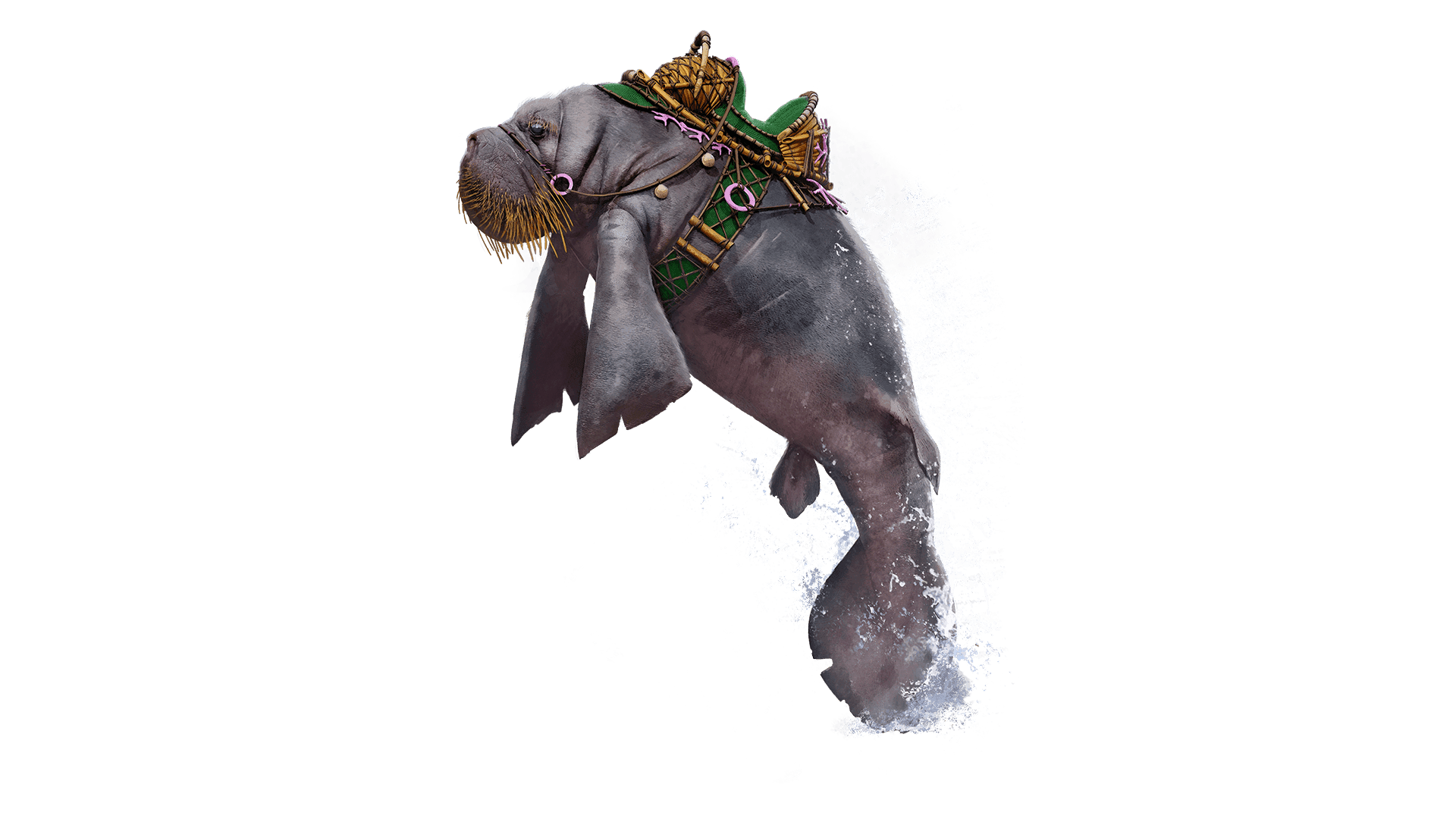  A sea creature resembling a manatee suspended in a harness with decorative elements, surrounded by water droplets.