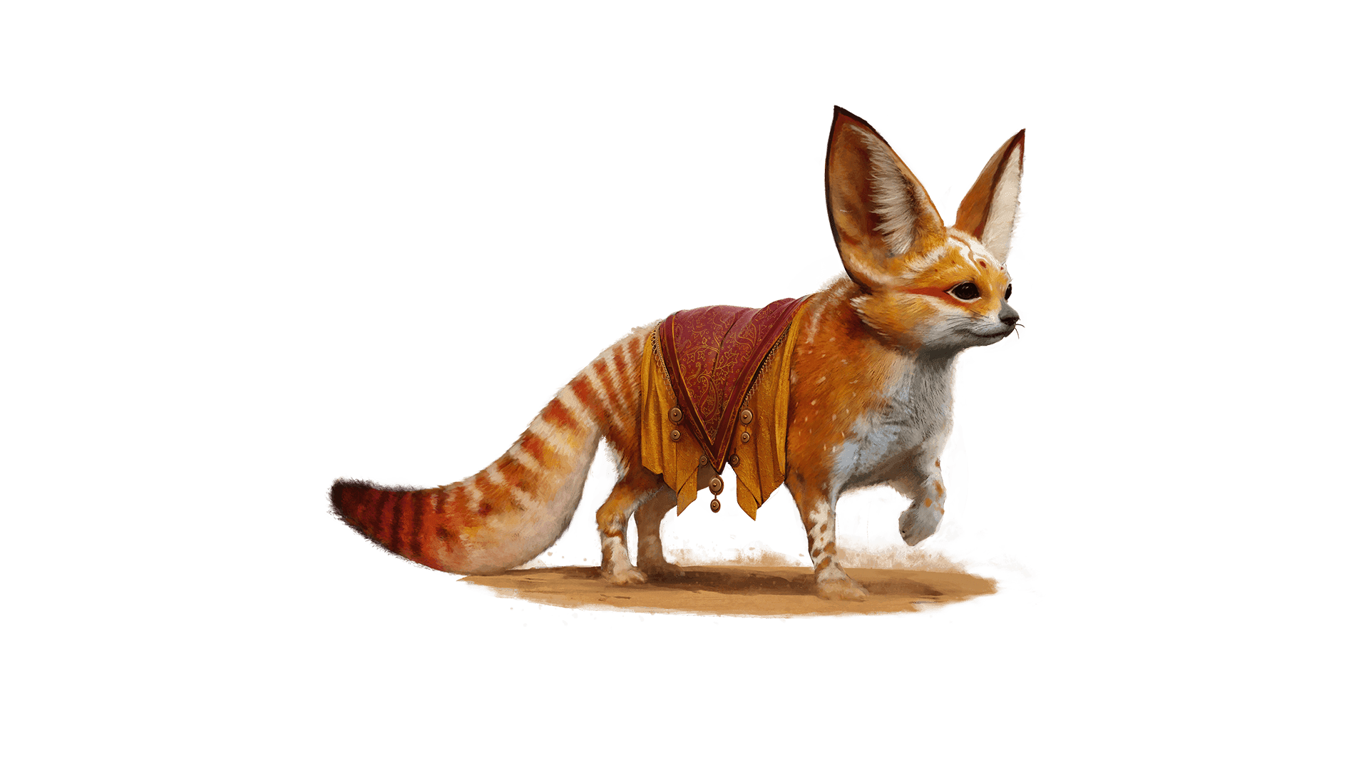 A standalone image of the Silkfur Dunehunter mount cosmetic skin. This mount resembles a mix between a red panda and fox. It has red fur and a stripped tail with giant bat like ears. The back of this mount has a gold and red cloth draped over its back.