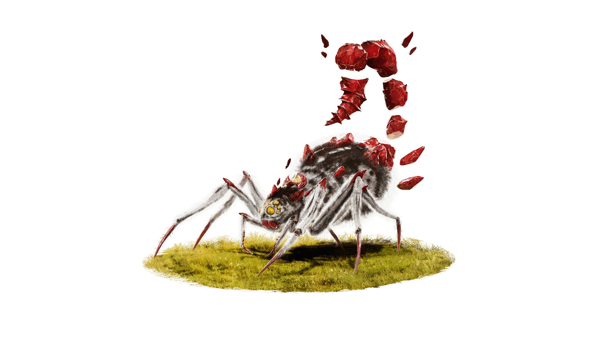 A white fuzzy scorpion with golden eyes and a tail made of rubies
