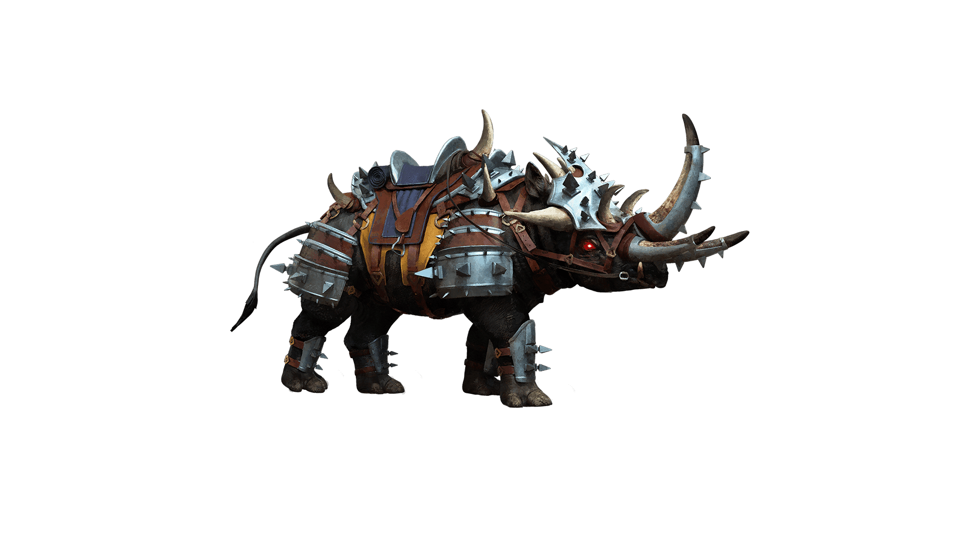 A rhino with glowing red eyes is covered in metal spiked armor that is strapped to it with brown leather bands