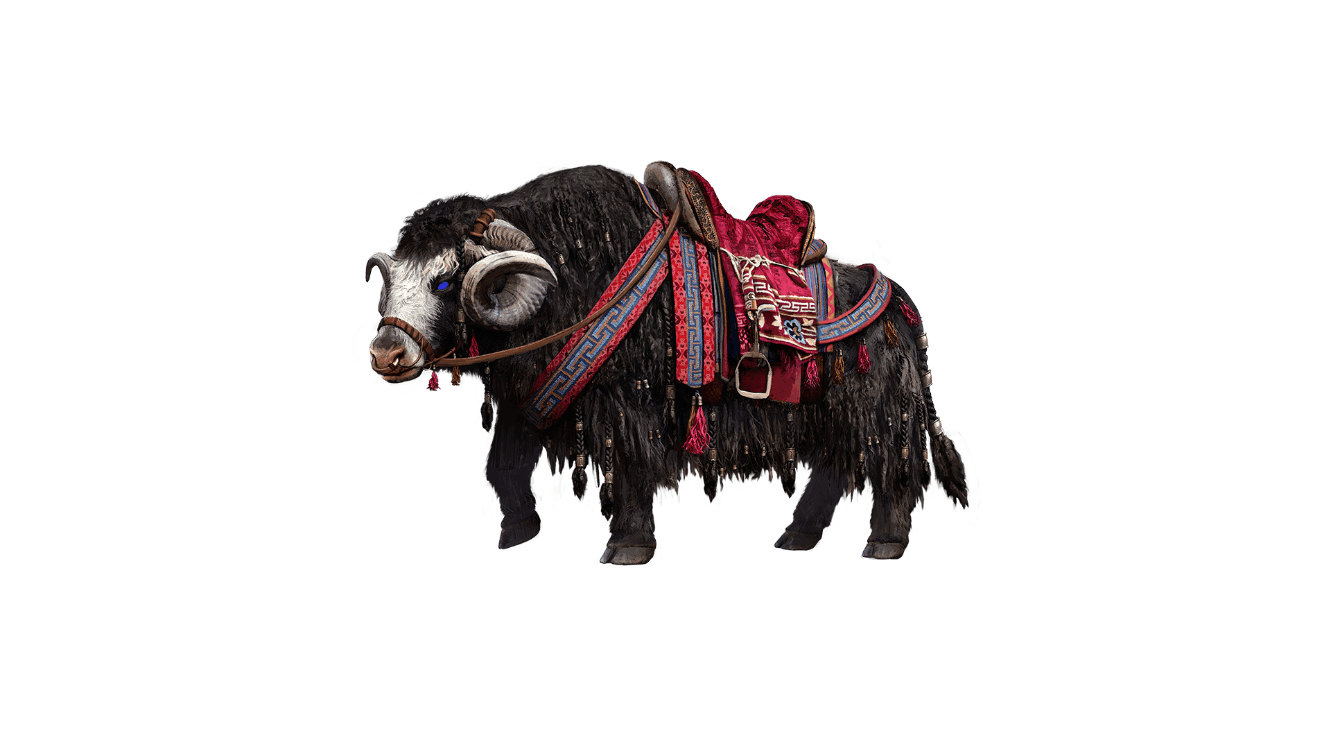 A waxwood ewe that looks like a mix between a yak and a cow with curling rams horns and blue eyes. The bottom hair of the creature is braided with beads in the braids. The ewe has a cloths of red on its back with a velvet saddle on top of that.