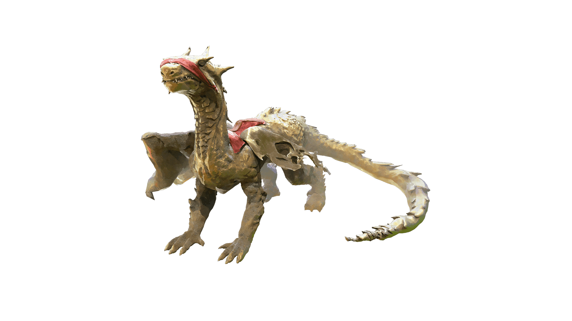 A sand colored dragon with a cloth over its eyes and holes in its wings