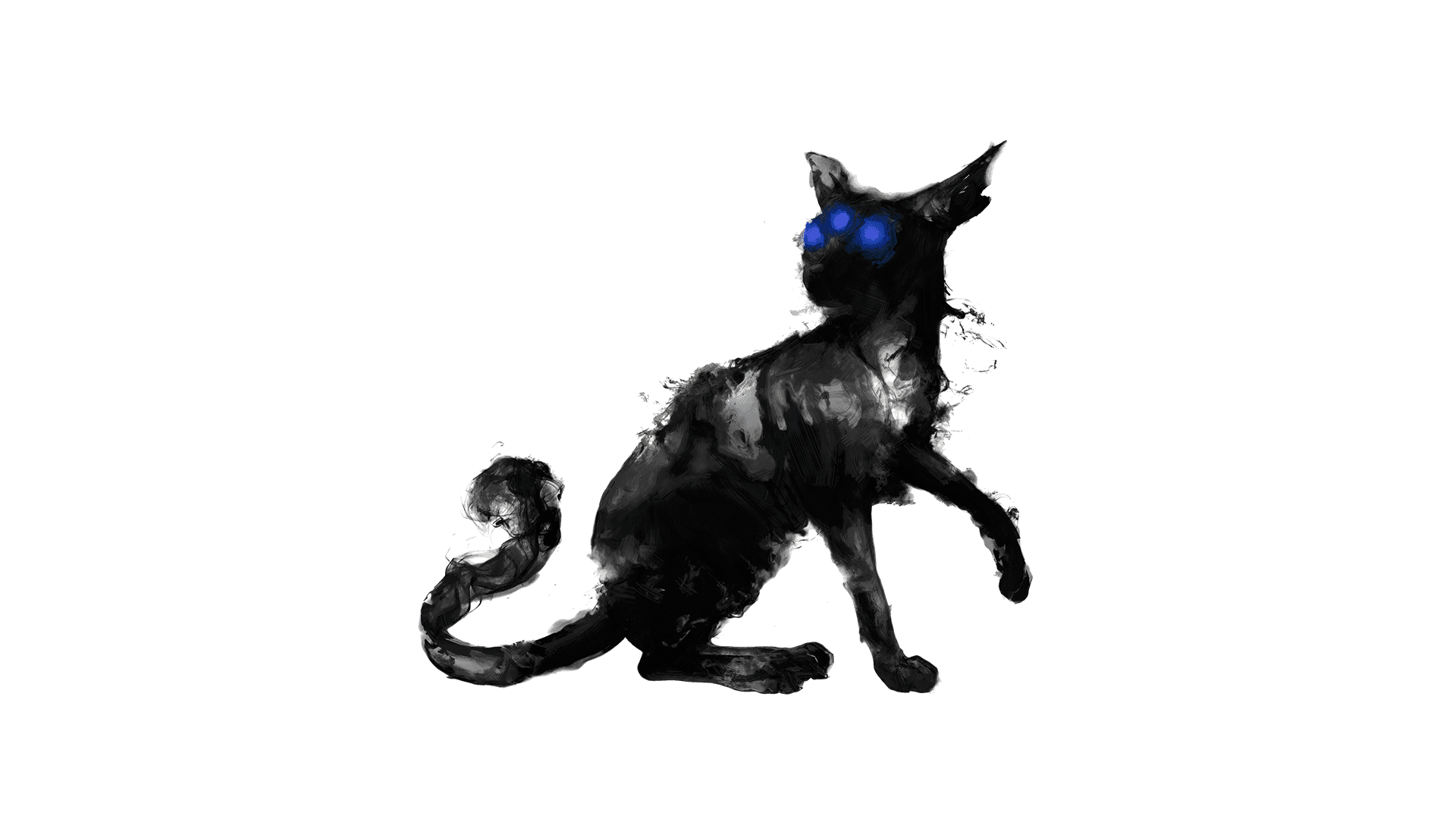 A smoky black cat looks behind its back as it sit on the ground with one paw up. The cat has three glowing blue eyes.