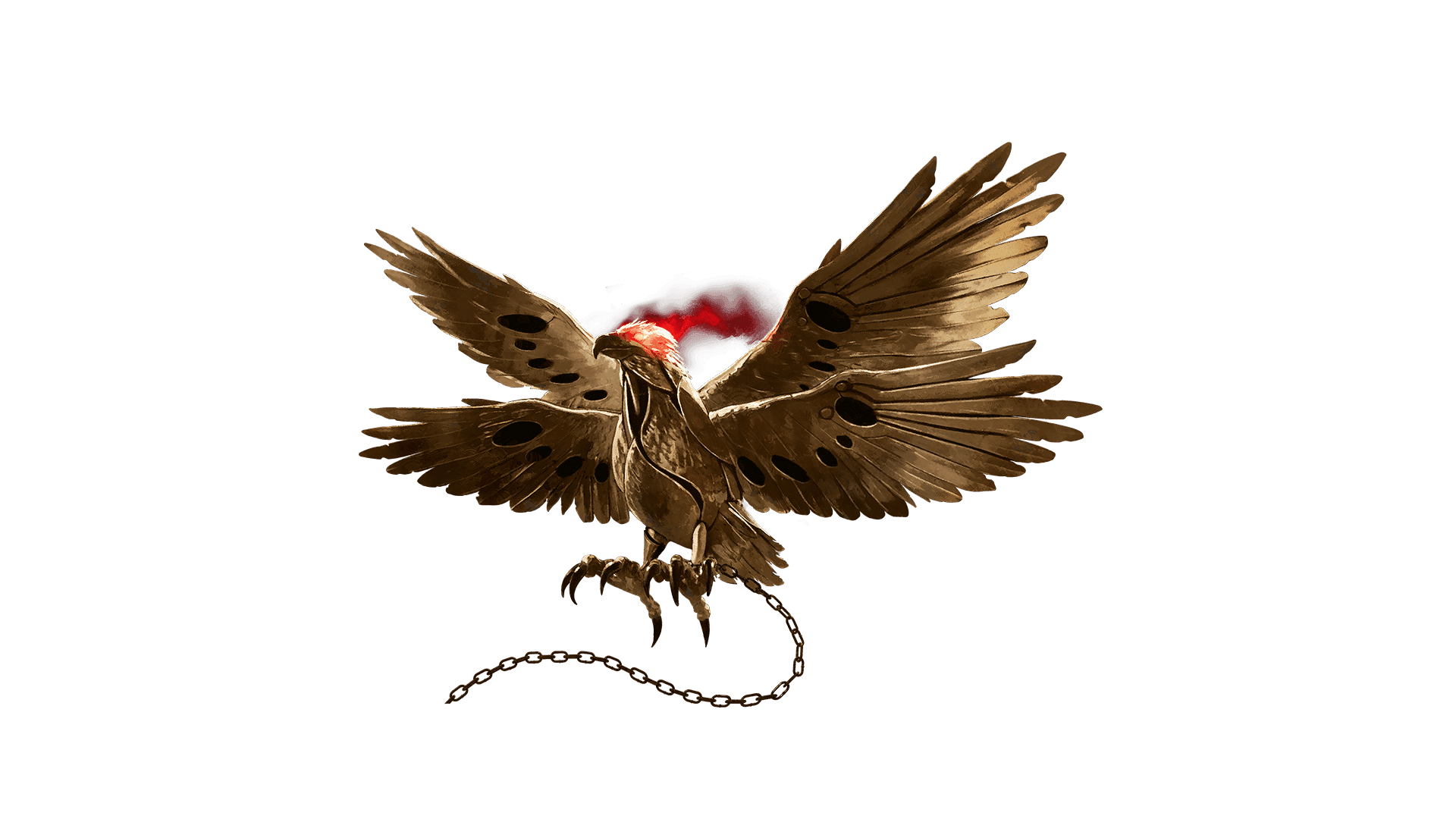 A golden mechanical hawk with four holed wings looks to be in flight. The hawk has glowing red eyes and a chain attached to one of its claws