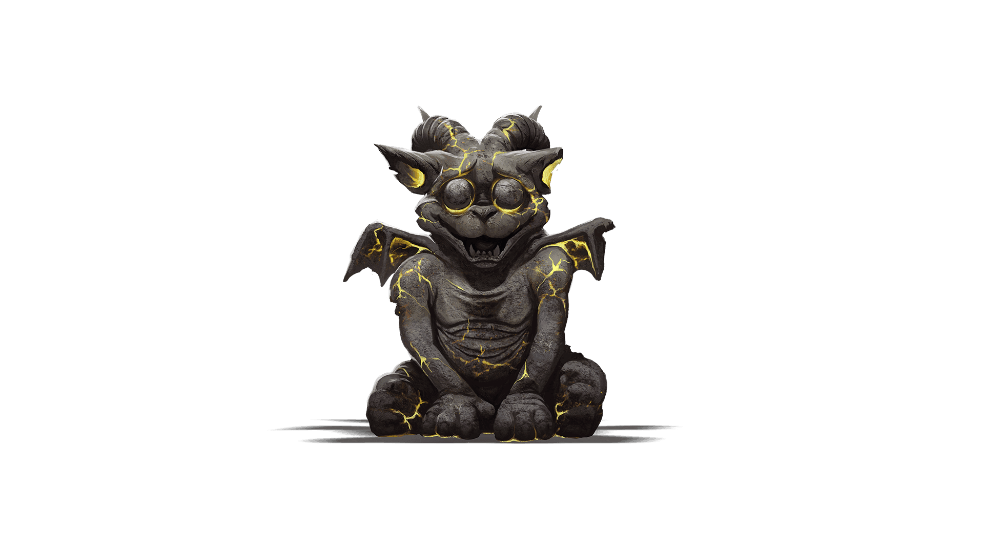 A smiling gargoyle with beams of yellow light shining through the cracks in the stone.