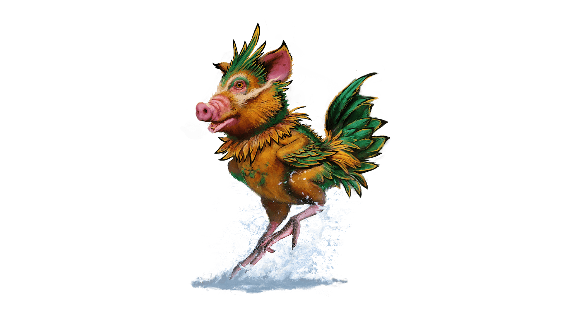 A whimsical Moapua chicken pig hybrid with a striking green and yellow tail, showcasing its colorful plumage while splashing in water