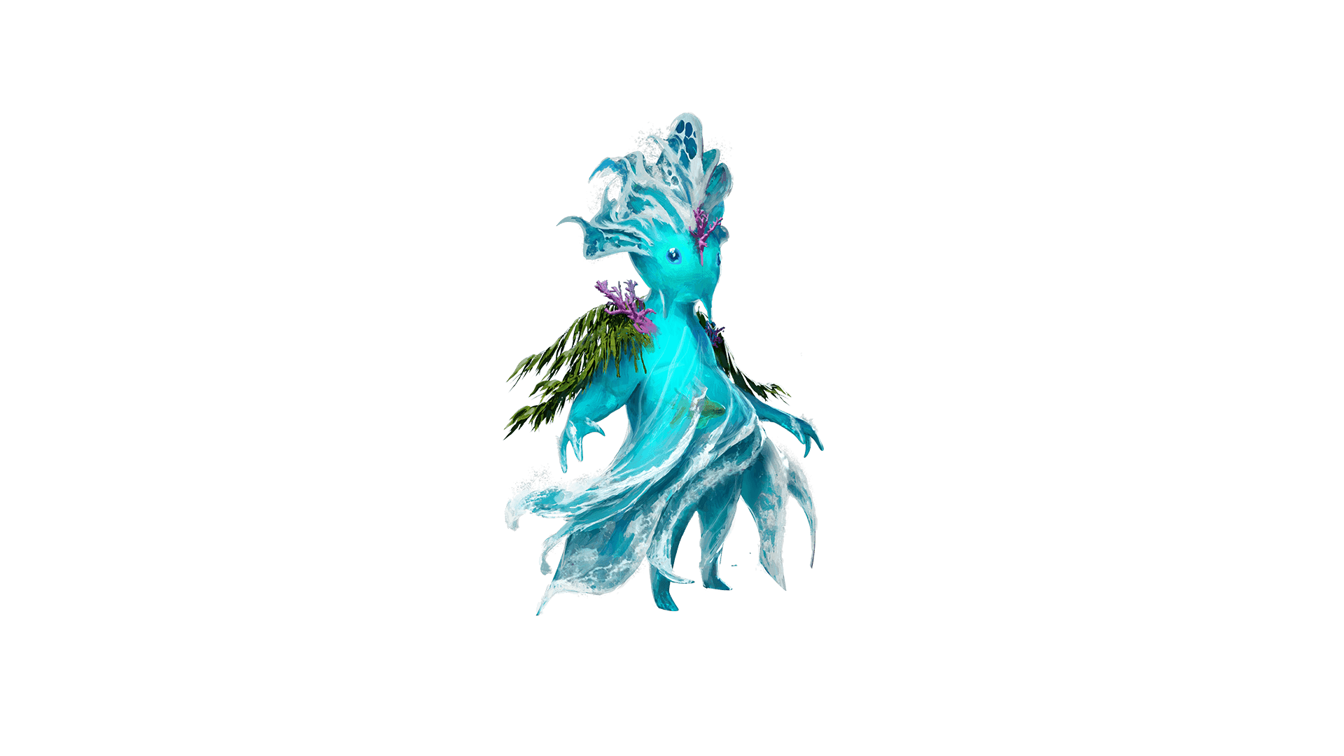 A wave in the form of a creature with green and pink coral shoulder pieces and blue little eyes.