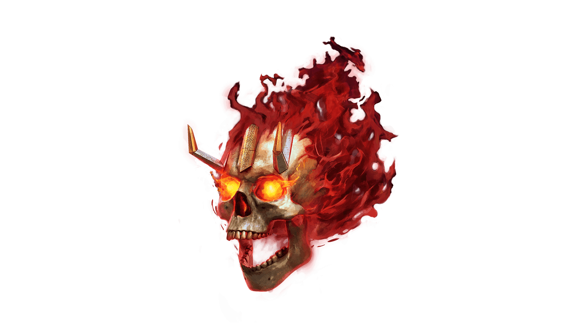 Standalone image of the Flaming Skull of Unrest. This pet cosmetic skin is a human skull with metal horns and flames shooting out the back of it