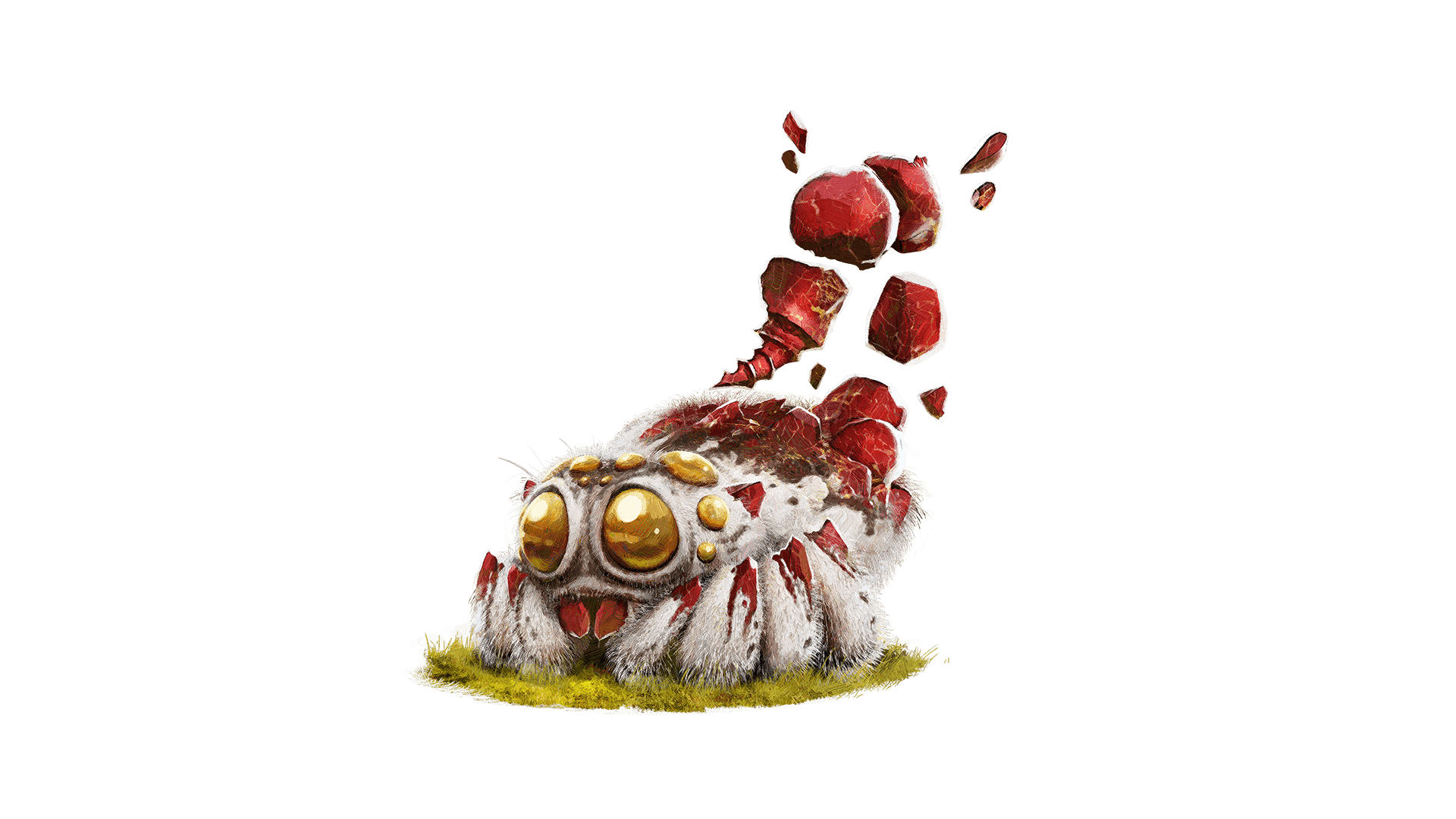 A furry little jumping spider with golden eyes and rubies exploding out from its back