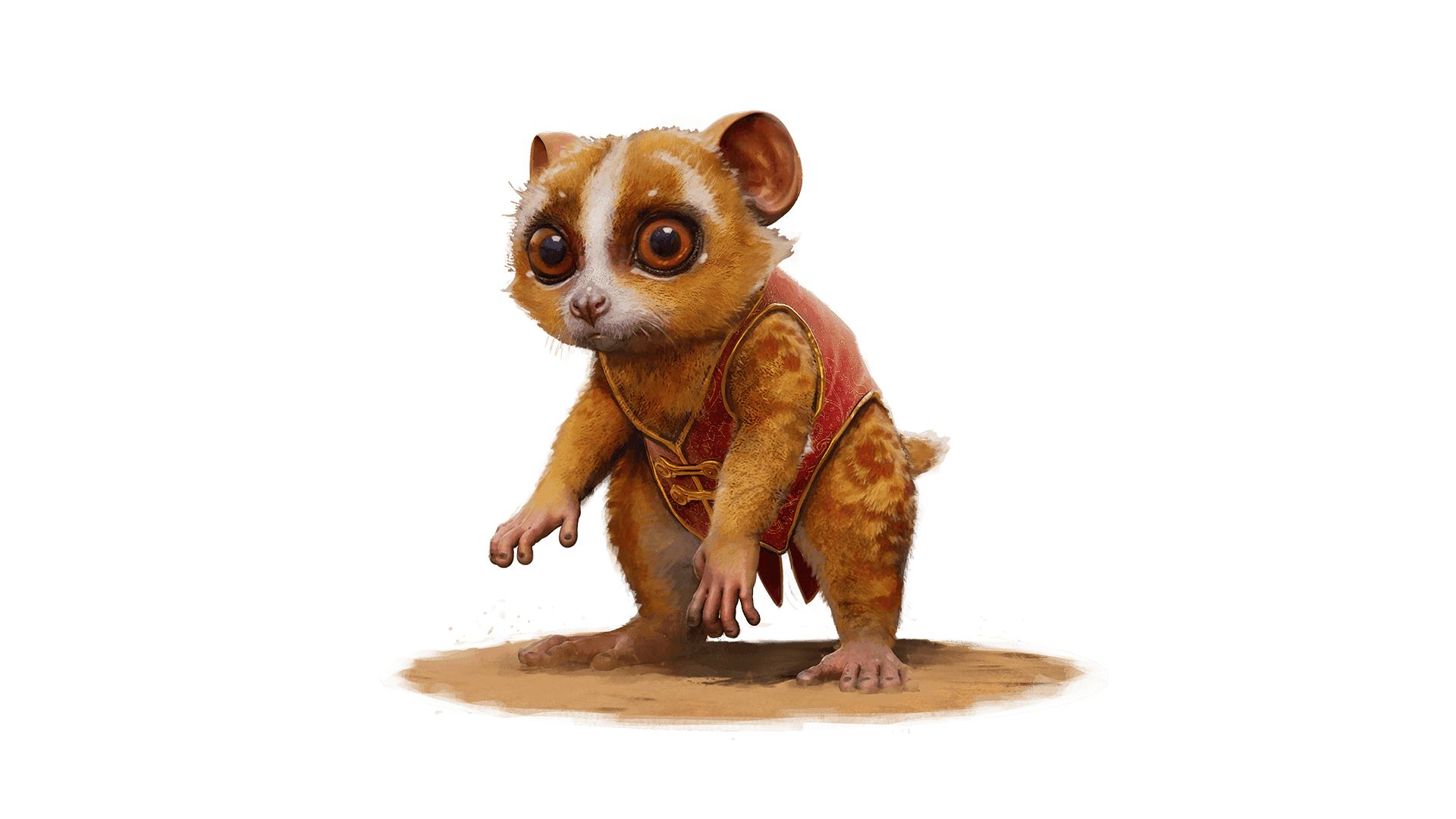 A standalone image of the Peering Loris pet cosmetic skin. This skin is a little furry lemur like creature. It is brown and white with giant brown eyes and a little red and gold vest.