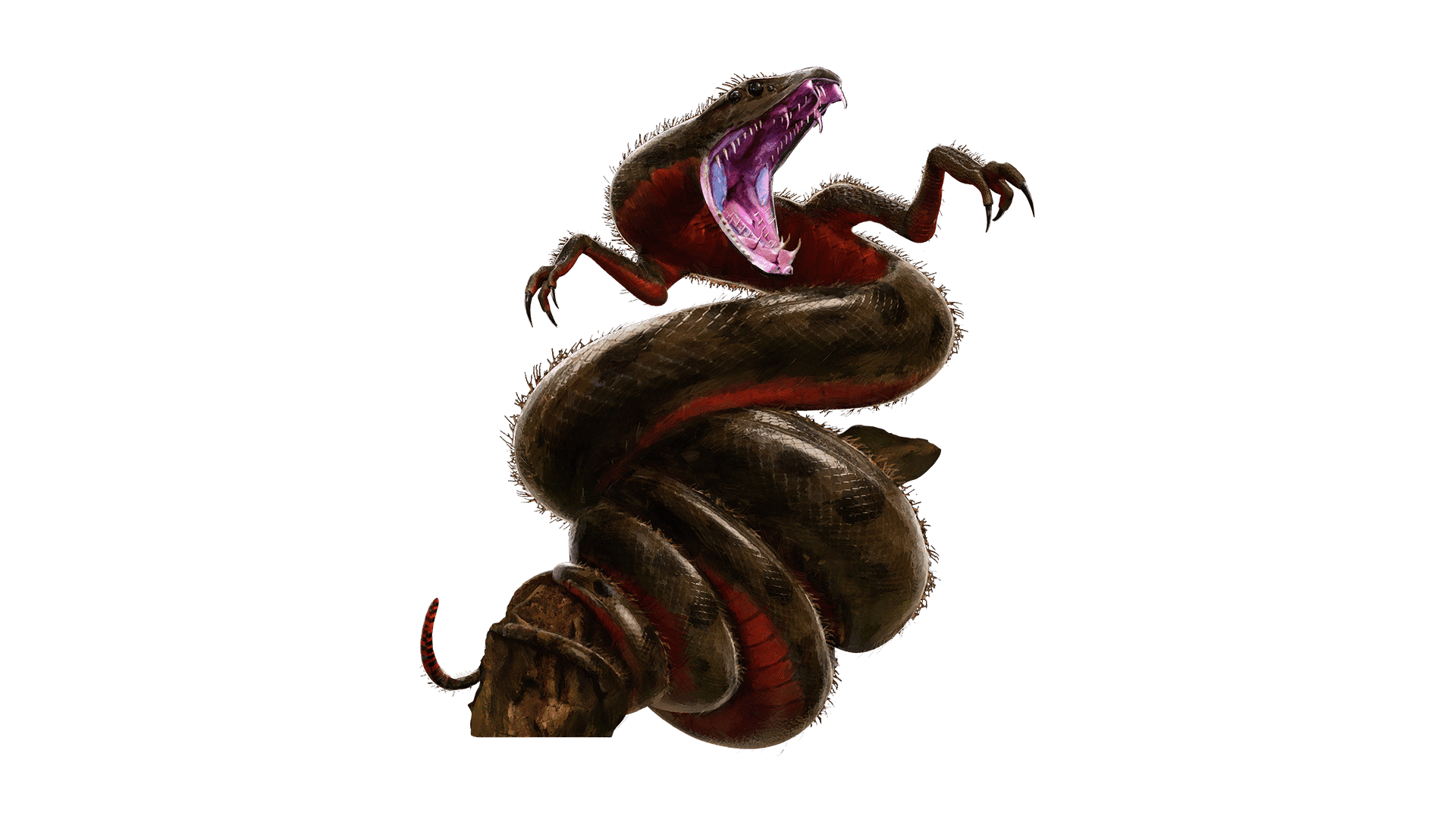 A spider snake like creatures with a rattle for a tail and two clawed hands hisses to its side, displaying a mouth full of razor sharp teeth
