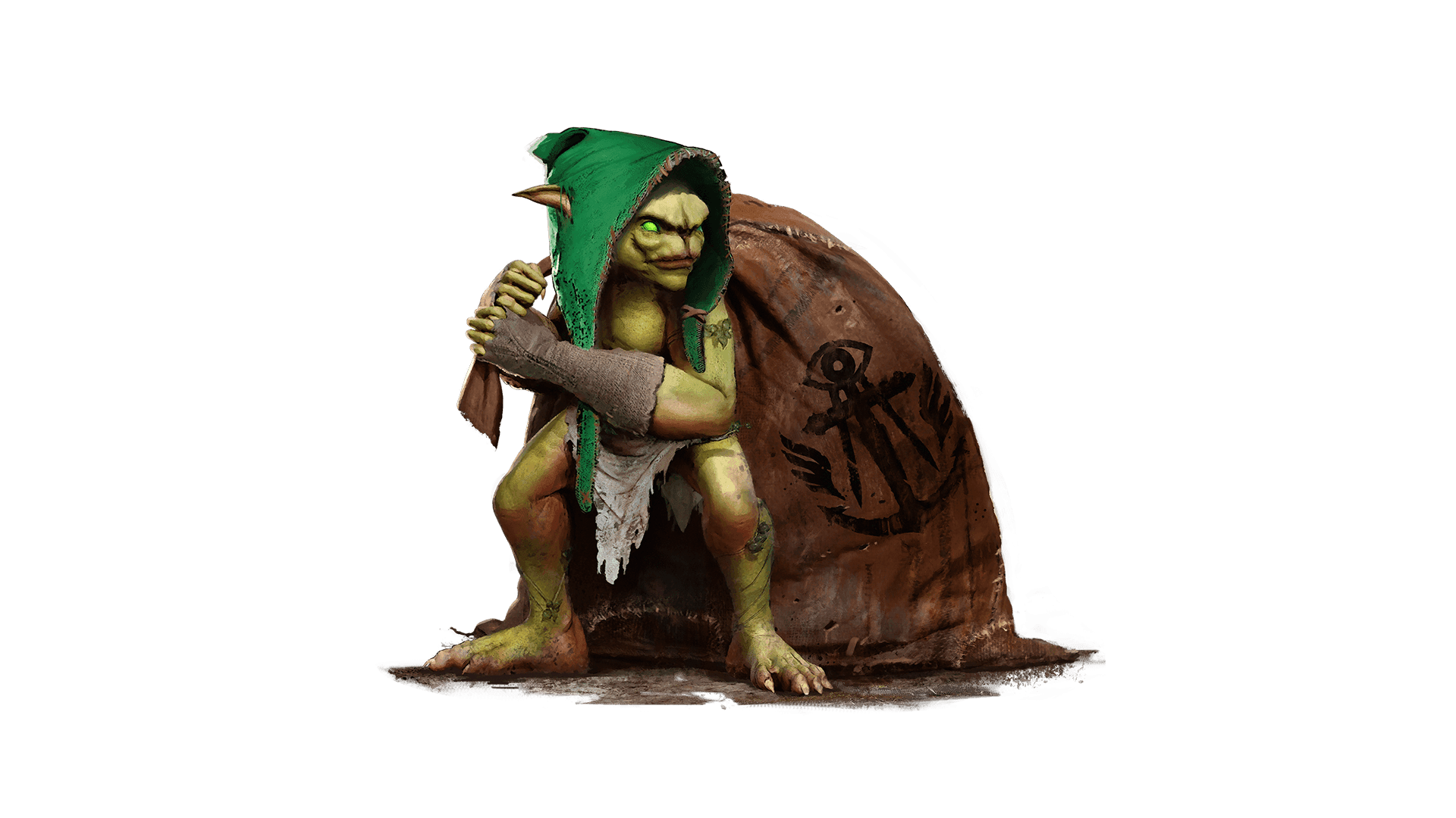 A tiny green Glom Goblin with a large pack thrown over its shoulder and a green hood over its head with its pointy ears sticking out
