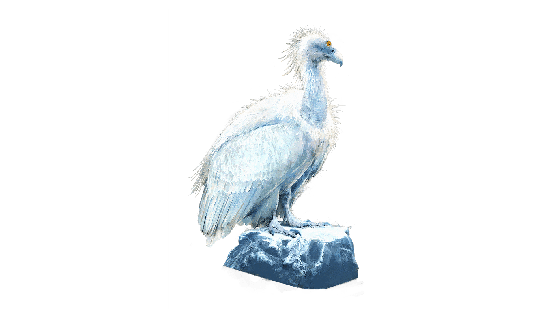 A vulture made of ice and frost sits atop a ice chunk. The bird has no eyes except for a piercing yellow one in the center of its forehead