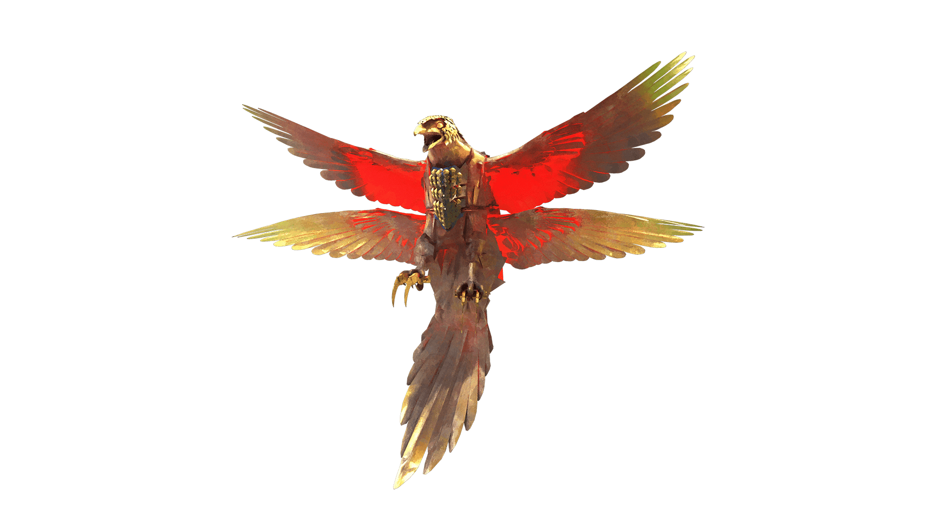 A four winged golden metal looking hawk soars in the air with its beak open mid scream.